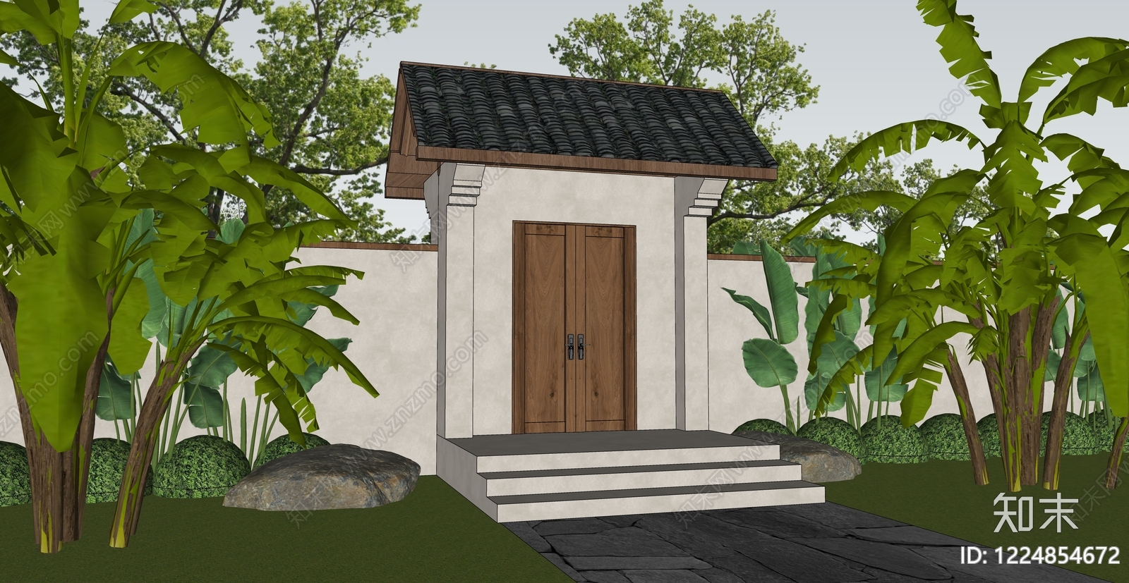 新中式景观入口大门SU模型下载【ID:1224854672】