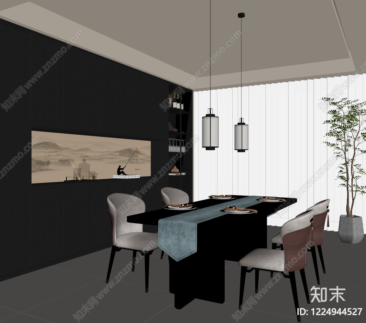 新中式家居餐厅SU模型下载【ID:1224944527】