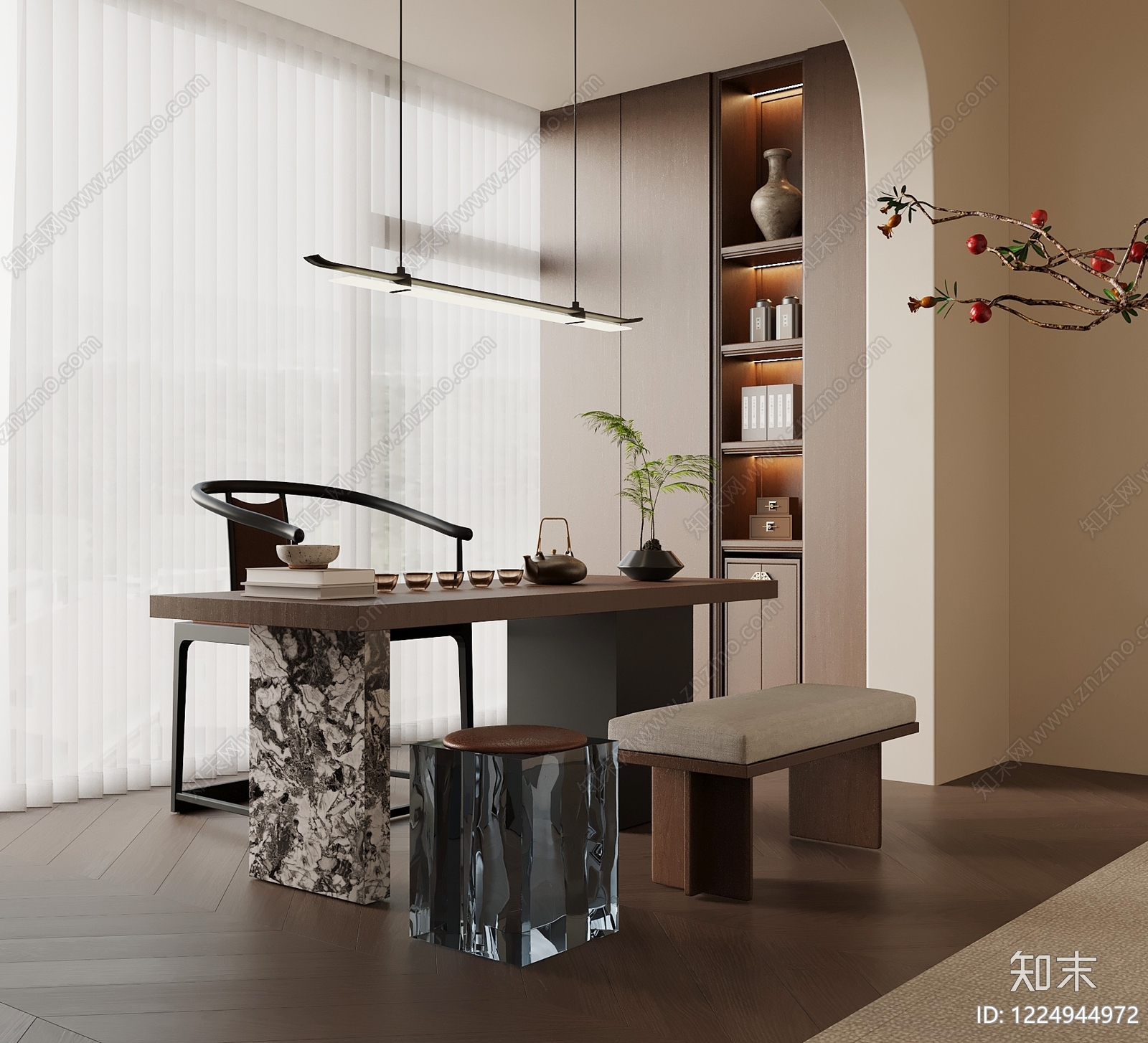 新中式茶桌椅SU模型下载【ID:1224944972】