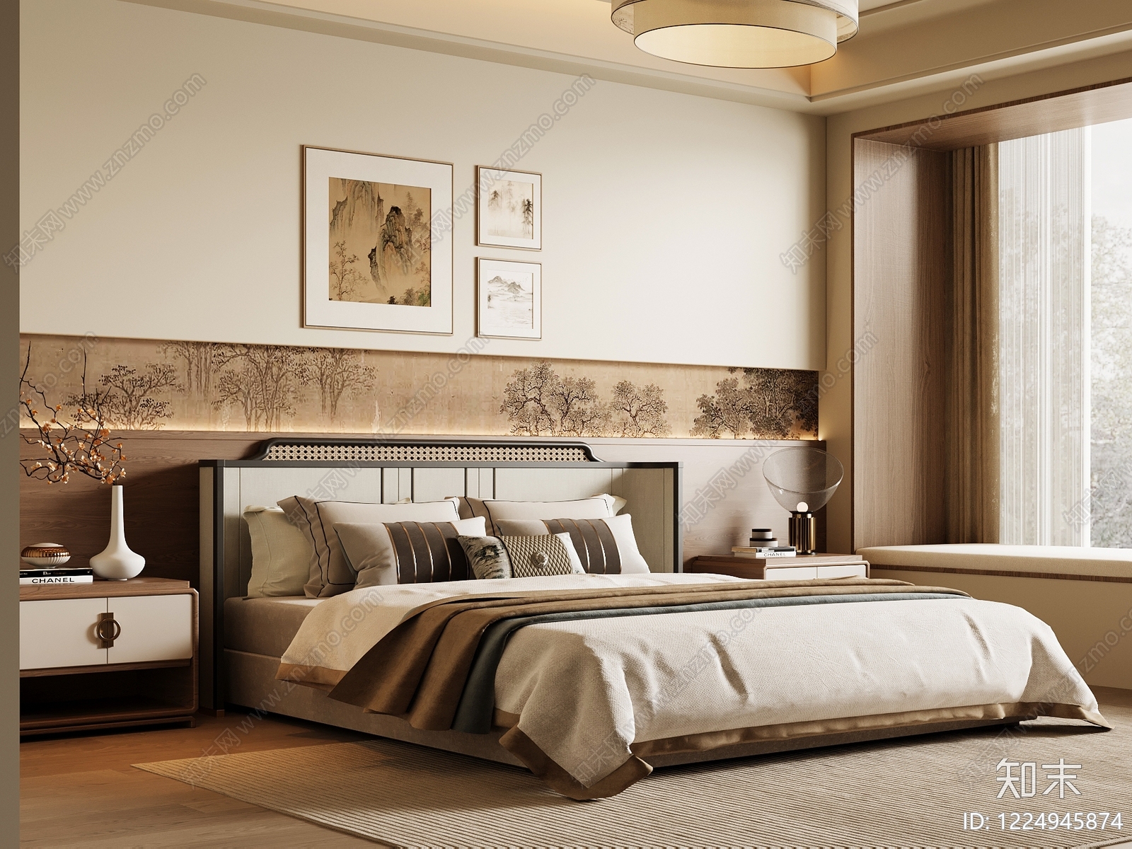 新中式家居卧室SU模型下载【ID:1224945874】