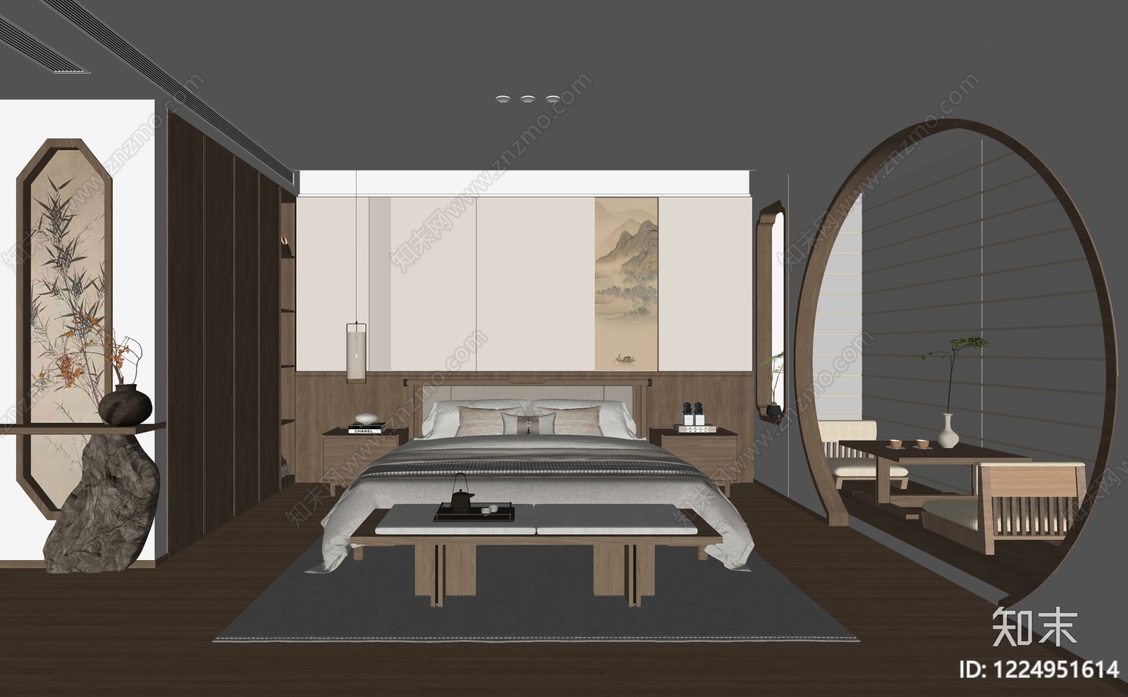 新中式家居卧室SU模型下载【ID:1224951614】