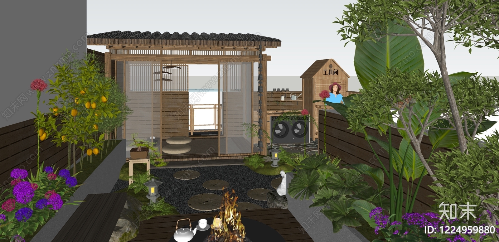 日式别墅庭院SU模型下载【ID:1224959880】