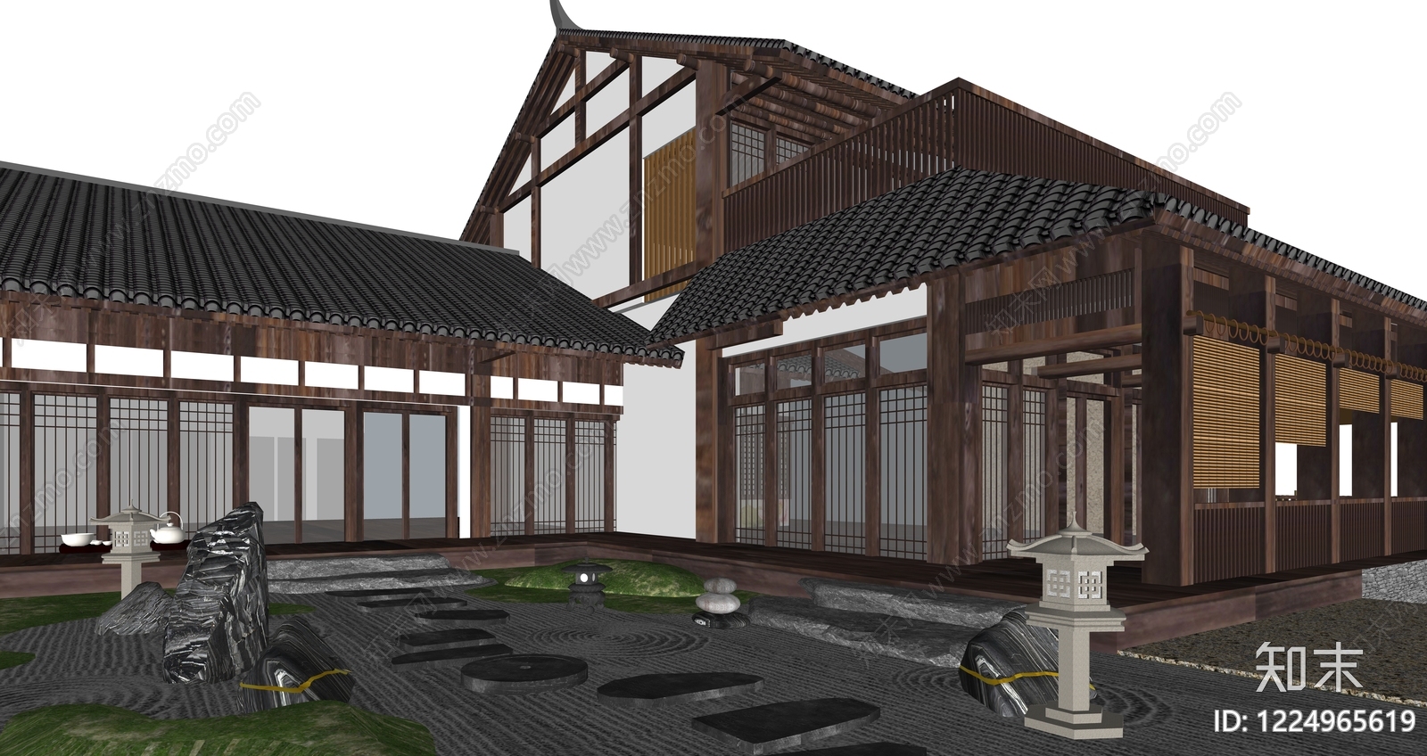 日式别墅庭院SU模型下载【ID:1224965619】