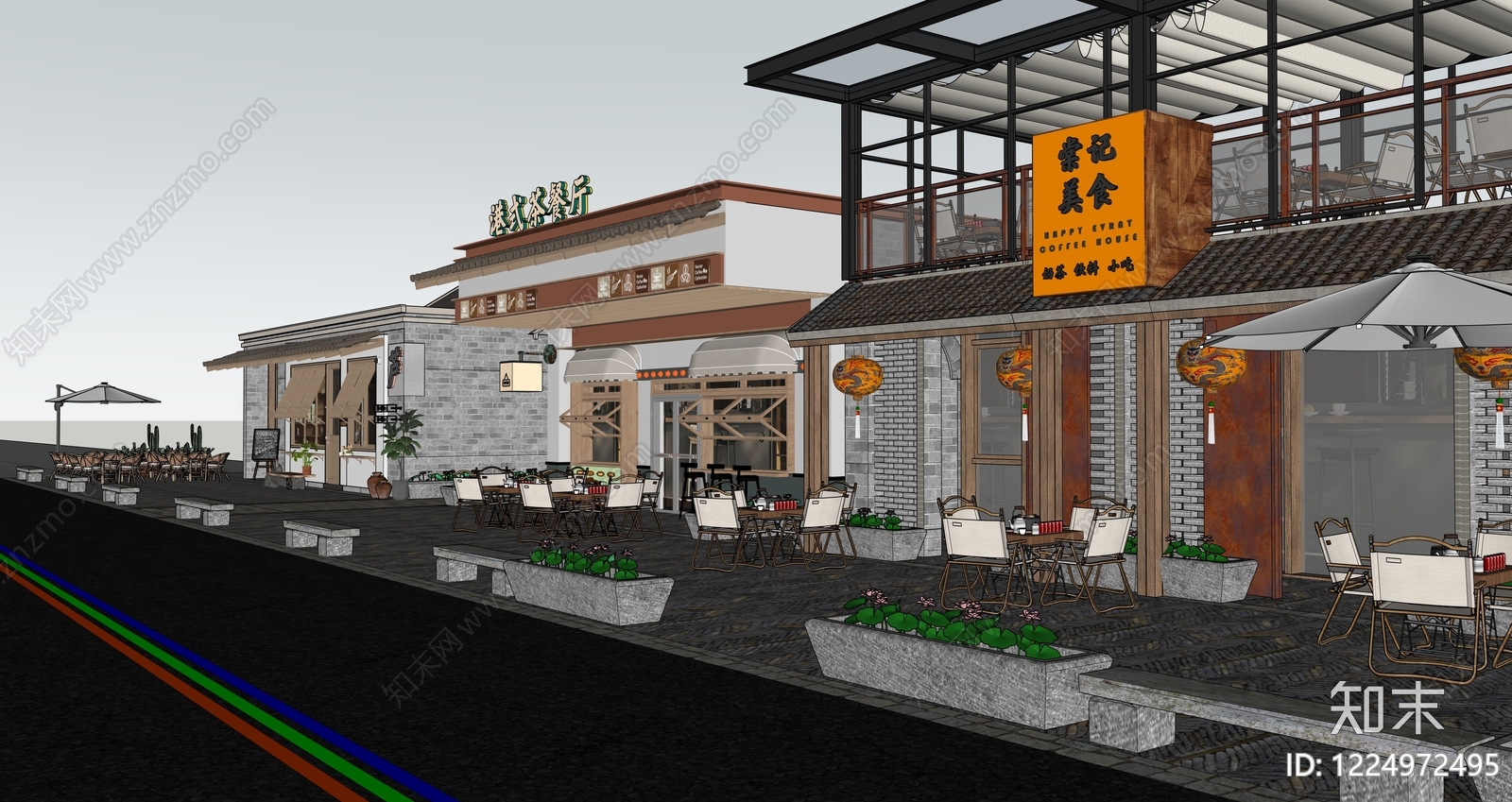 新中式商业街SU模型下载【ID:1224972495】