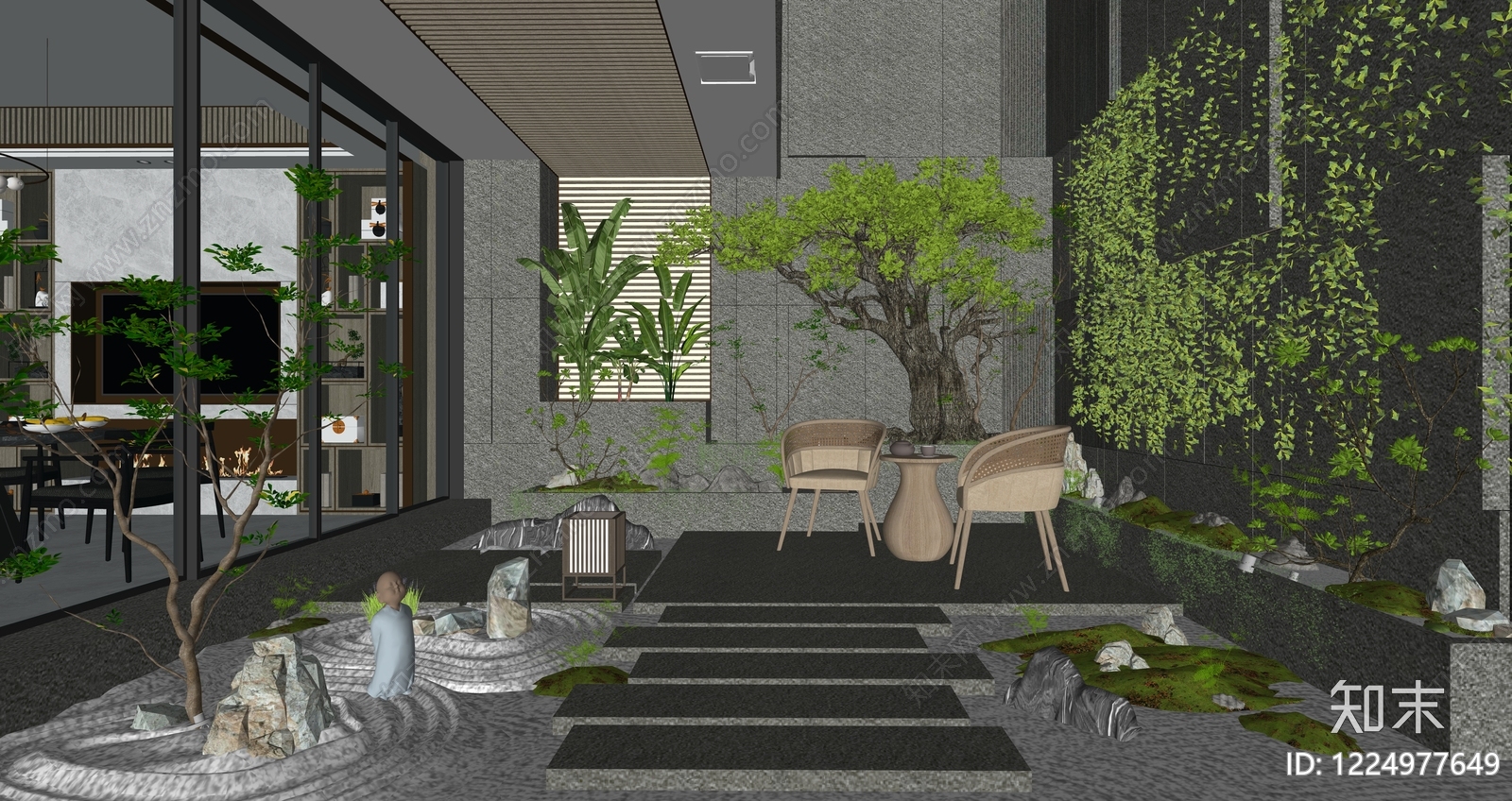 禅意别墅庭院SU模型下载【ID:1224977649】