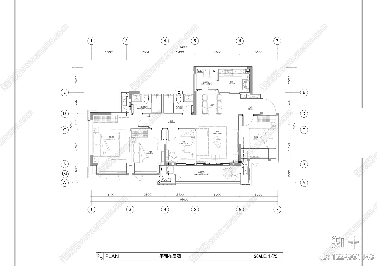 小户型平层cad施工图下载【ID:1224991143】