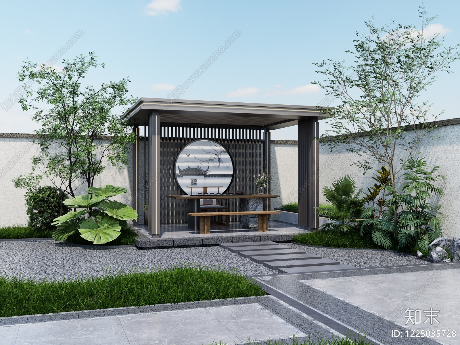 新中式别墅庭院SU模型下载【ID:1225035728】