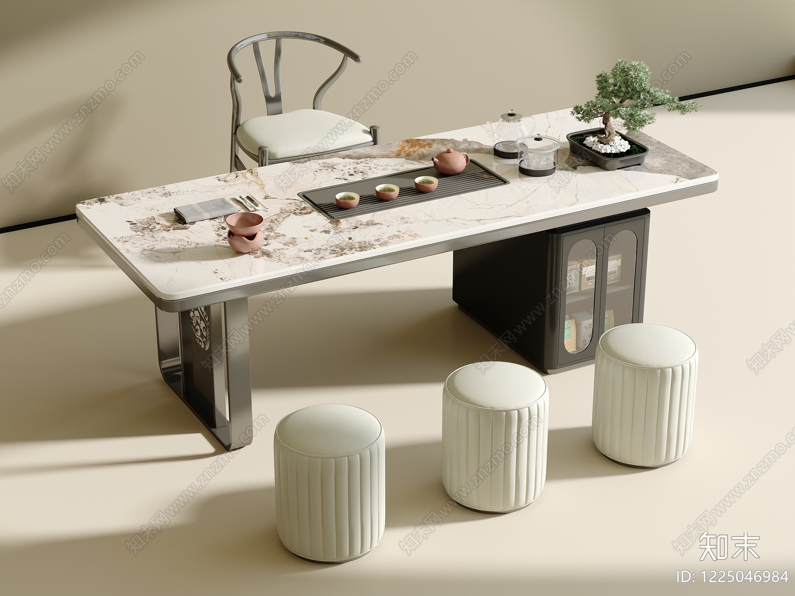 新中式茶桌椅3D模型渲染效果图