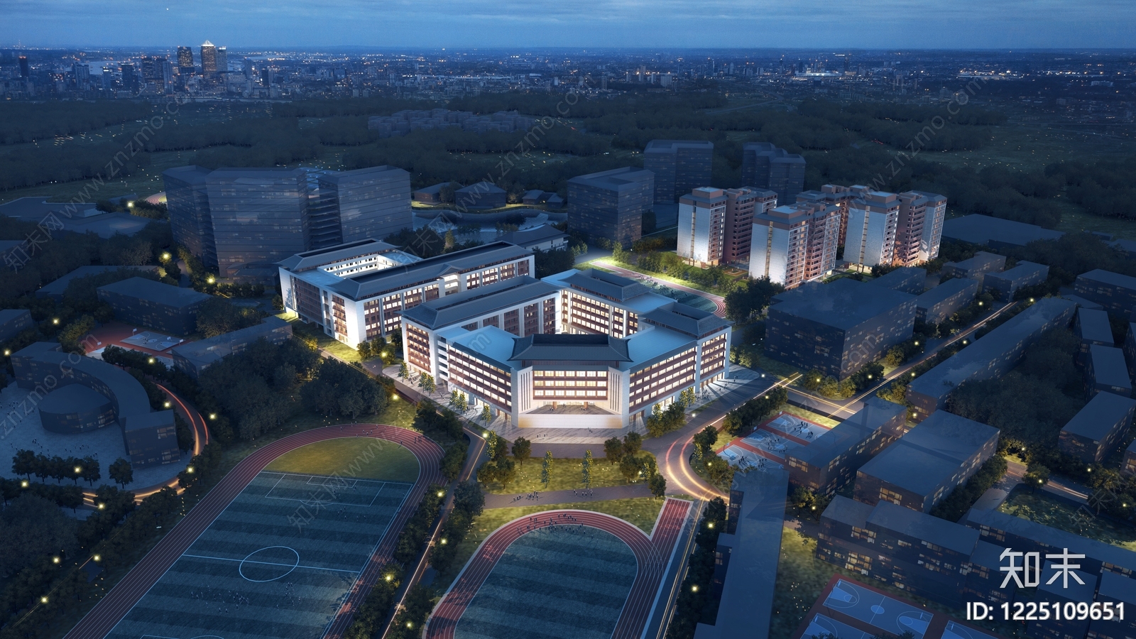 新中式学校外观3D模型下载【ID:1225109651】