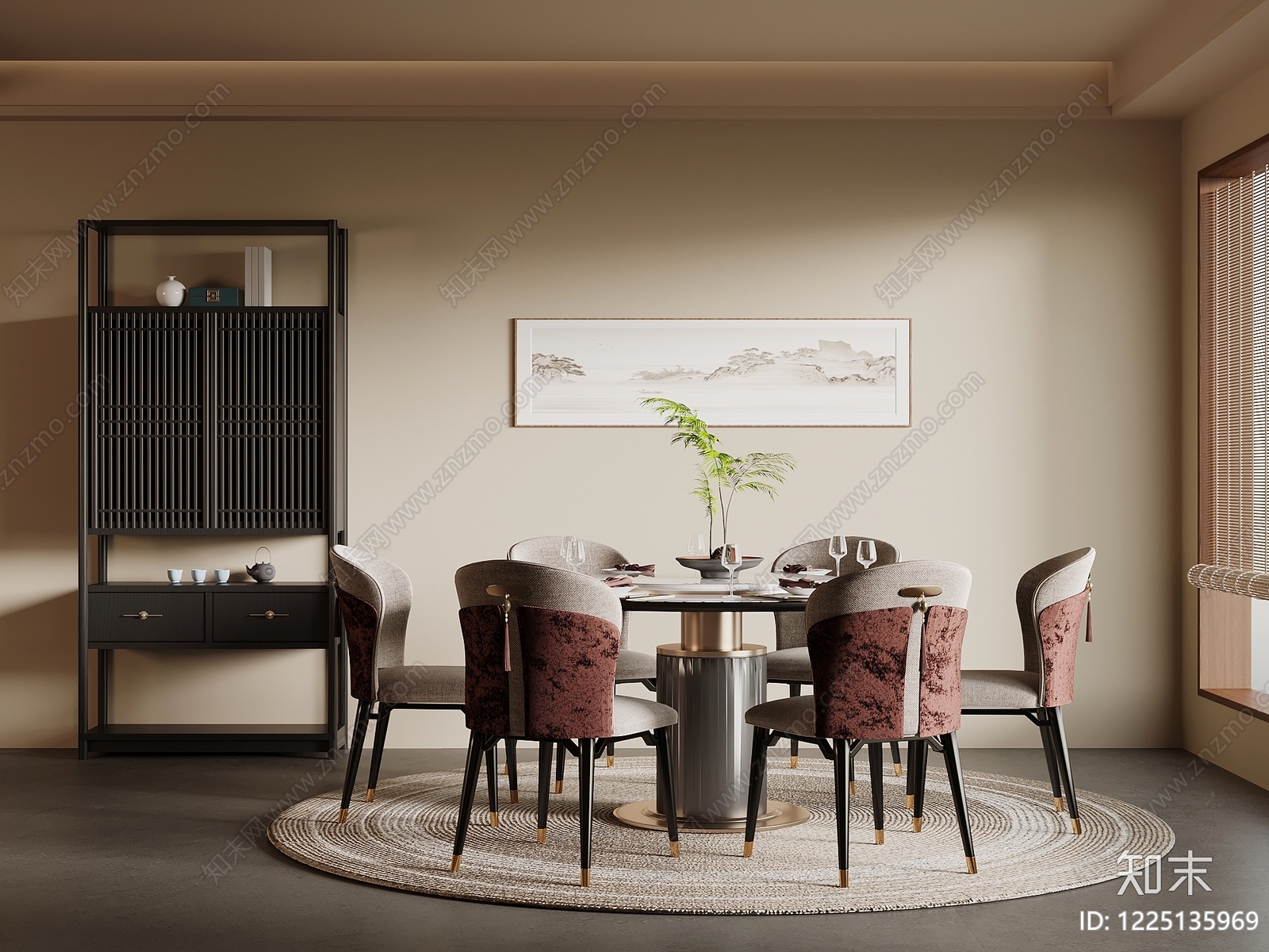 新中式餐桌椅3D模型渲染效果图