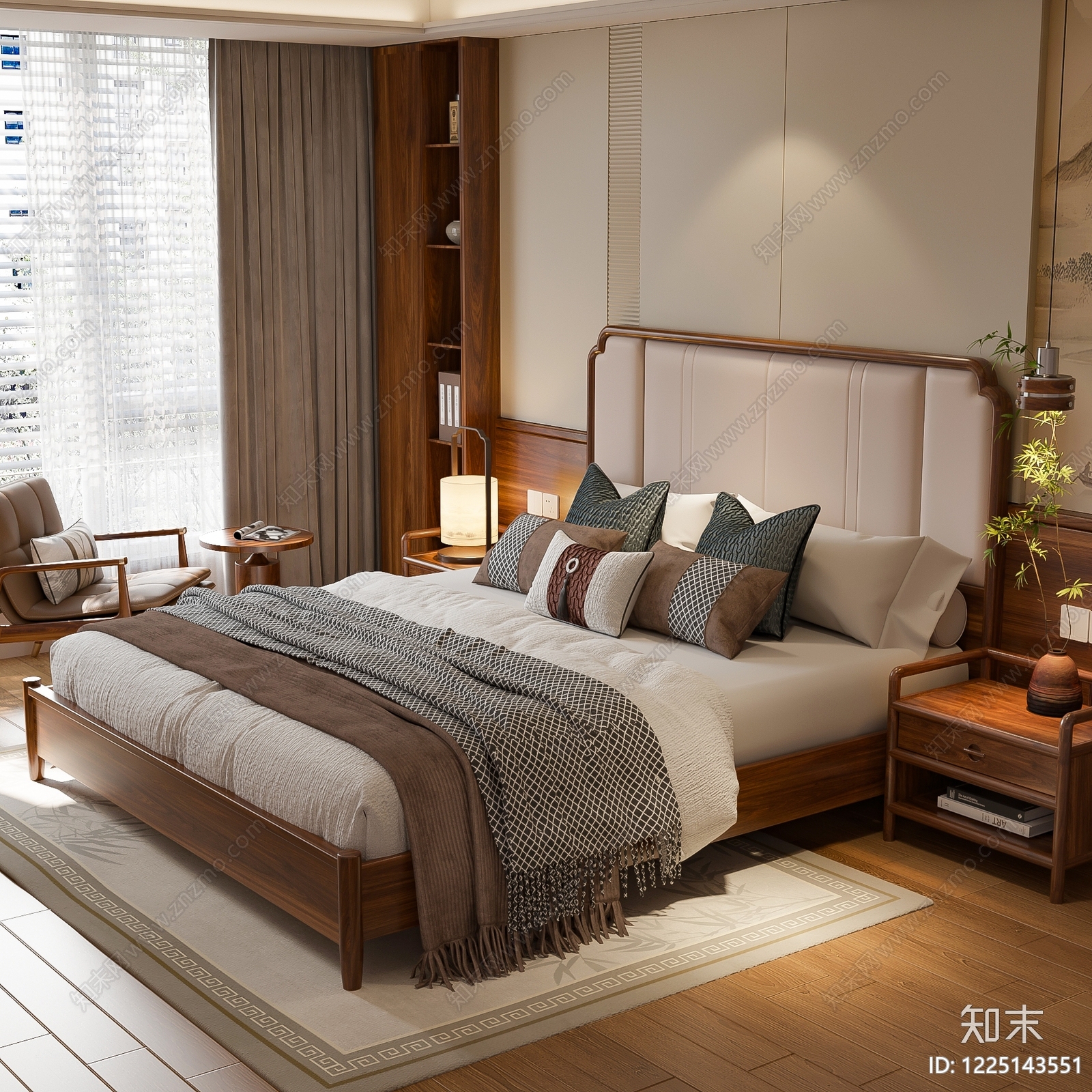 新中式双人床SU模型下载【ID:1225143551】