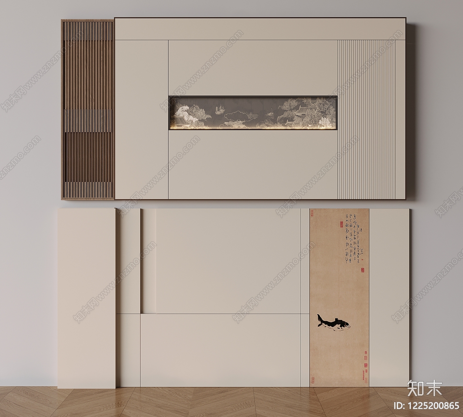 新中式背景墙SU模型下载【ID:1225200865】