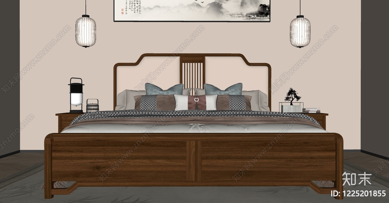 新中式双人床SU模型下载【ID:1225201855】