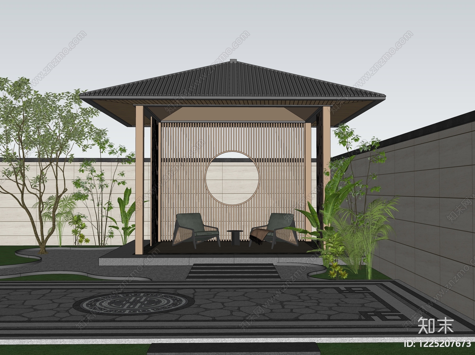 新中式别墅庭院SU模型下载【ID:1225207673】