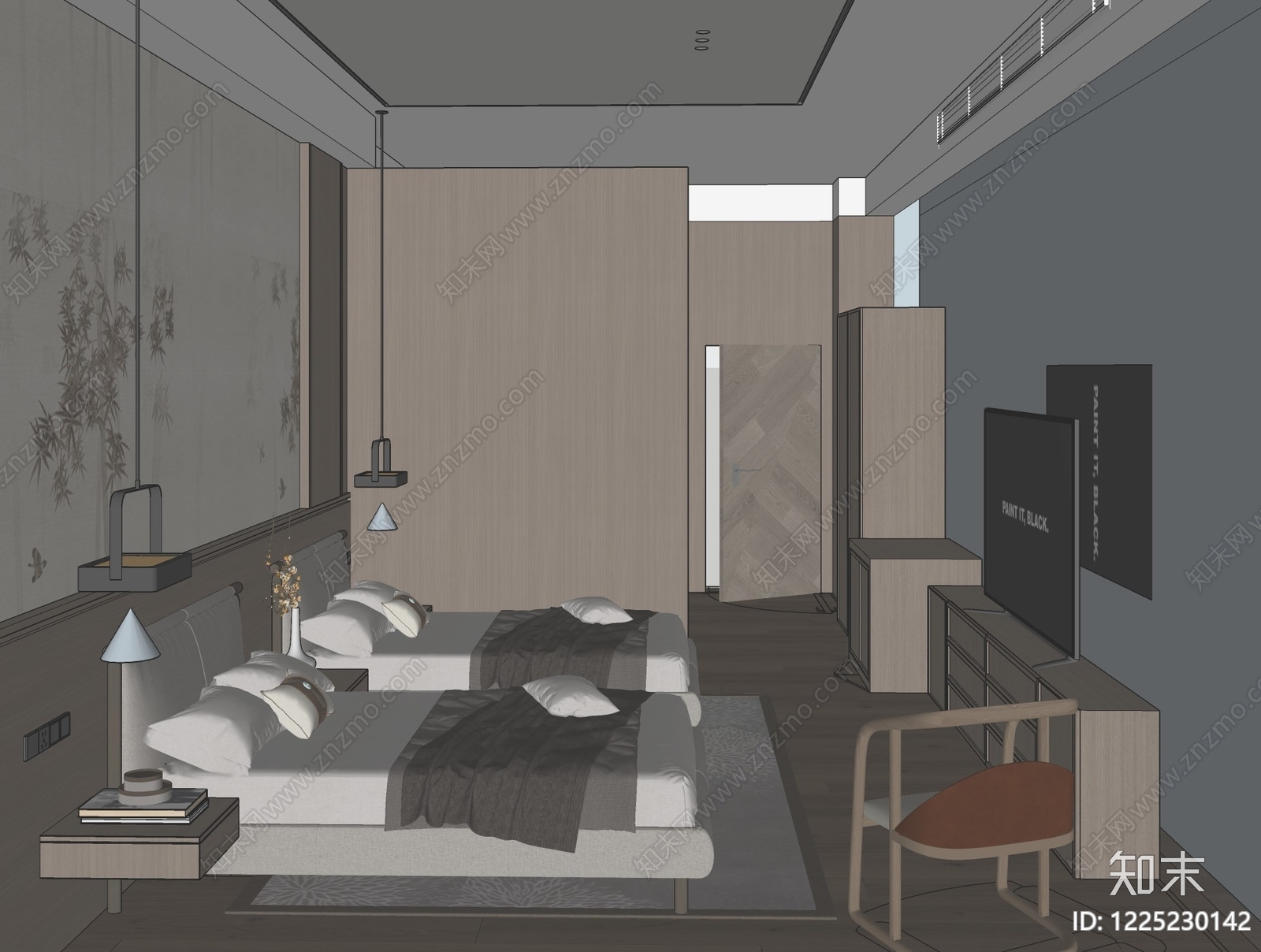 新中式民宿客房SU模型下载【ID:1225230142】