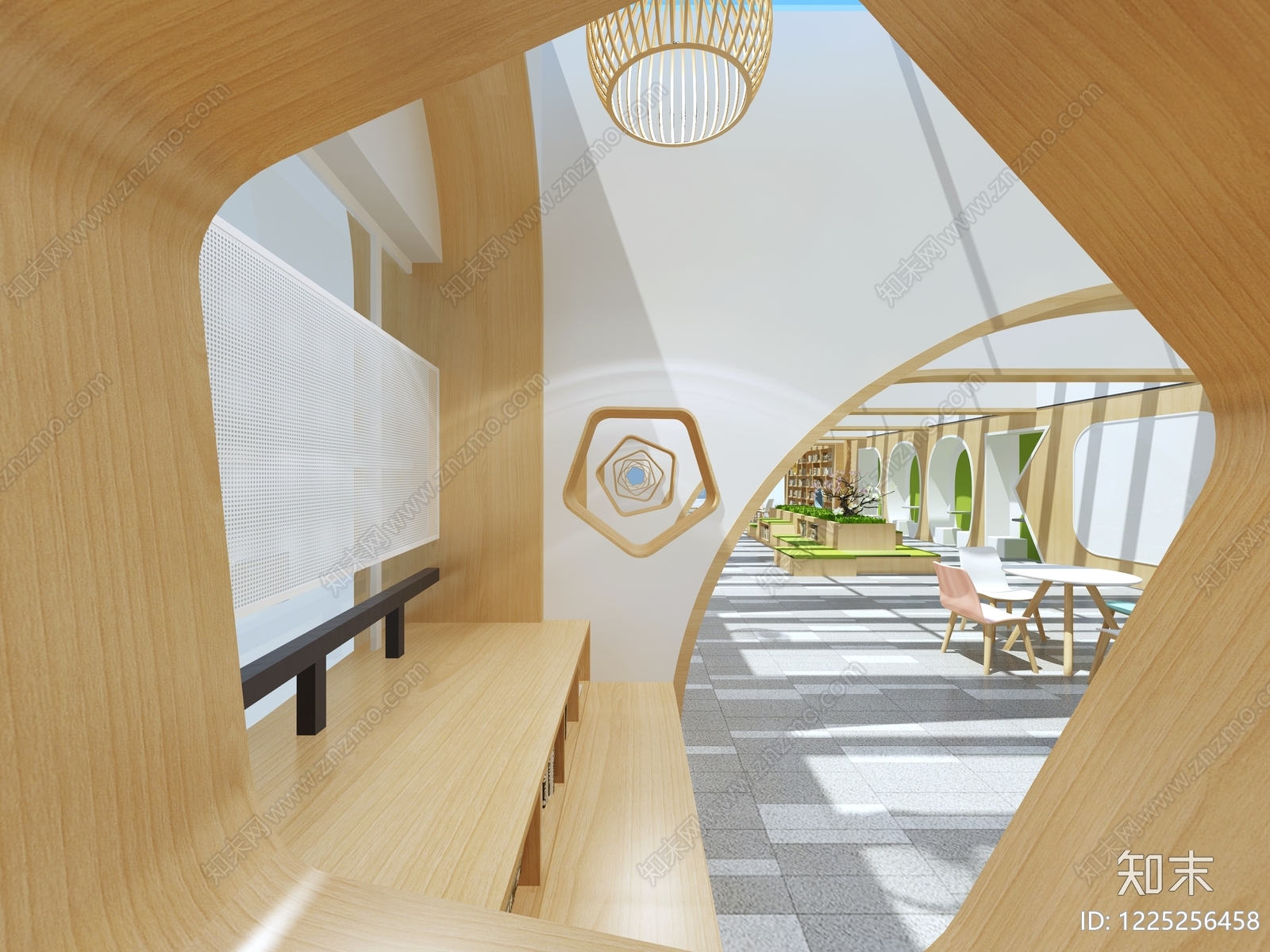 原木风图书馆3D模型渲染效果图