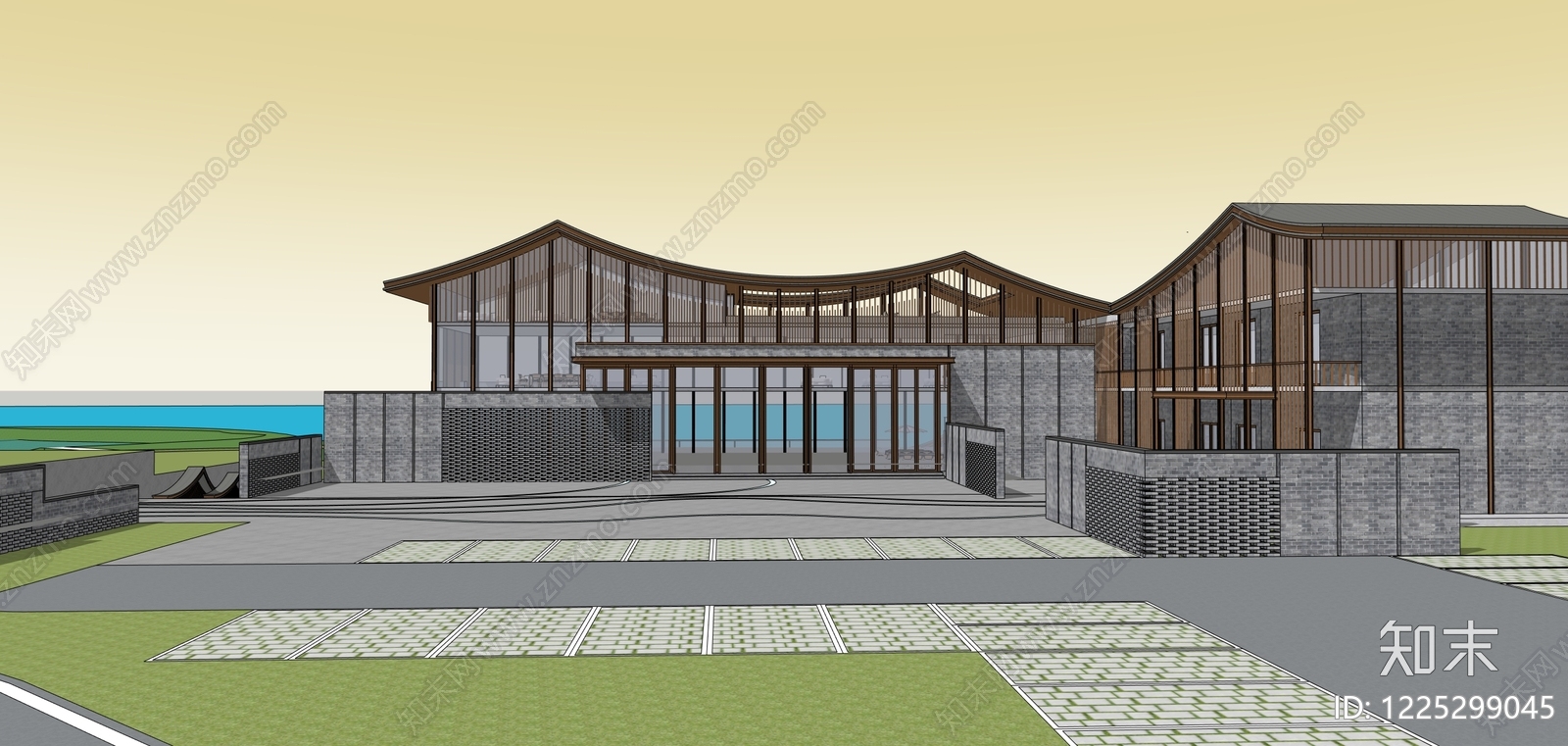 新中式民宿建筑SU模型下载【ID:1225299045】
