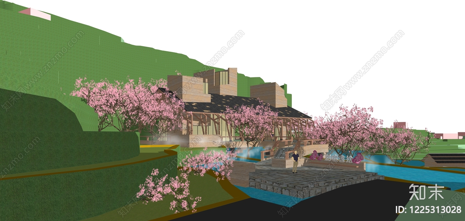 新中式景观民宿建筑SU模型下载【ID:1225313028】