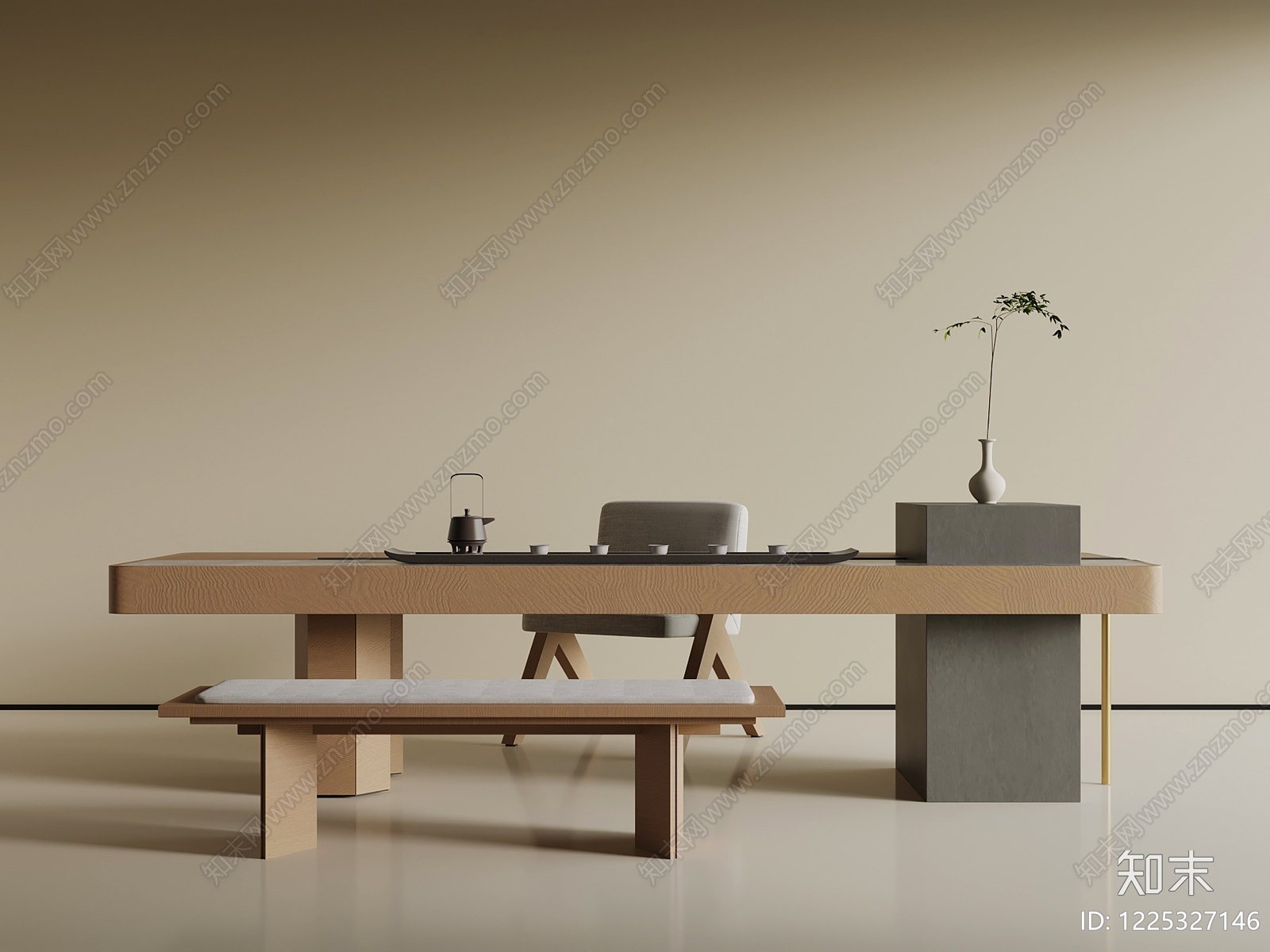 新中式茶桌椅3D模型渲染效果图