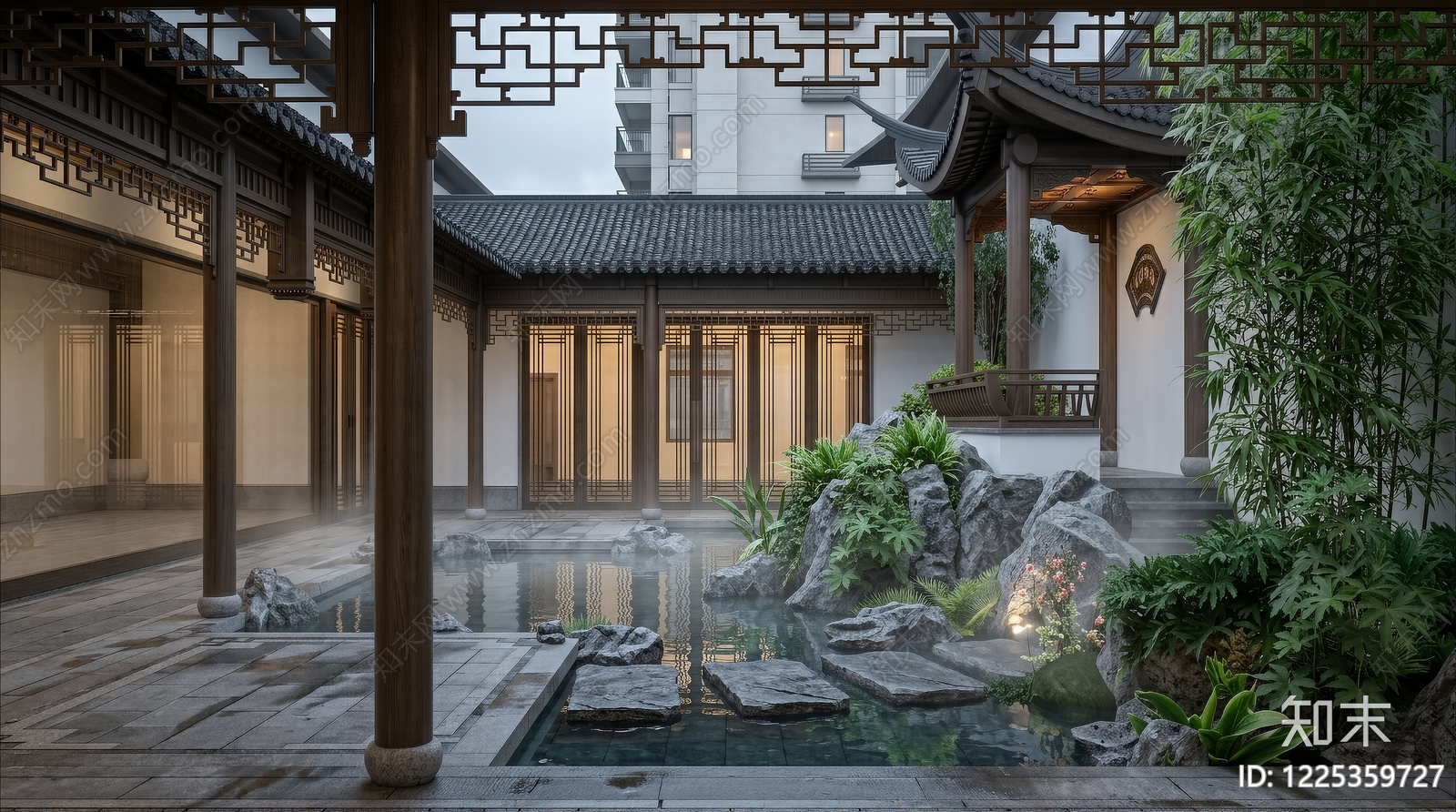 新中式景观小区景观SU模型下载【ID:1225359727】