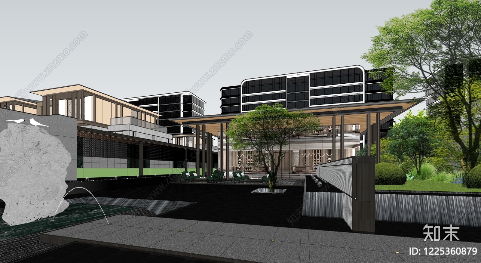 新中式小区建筑SU模型下载【ID:1225360879】