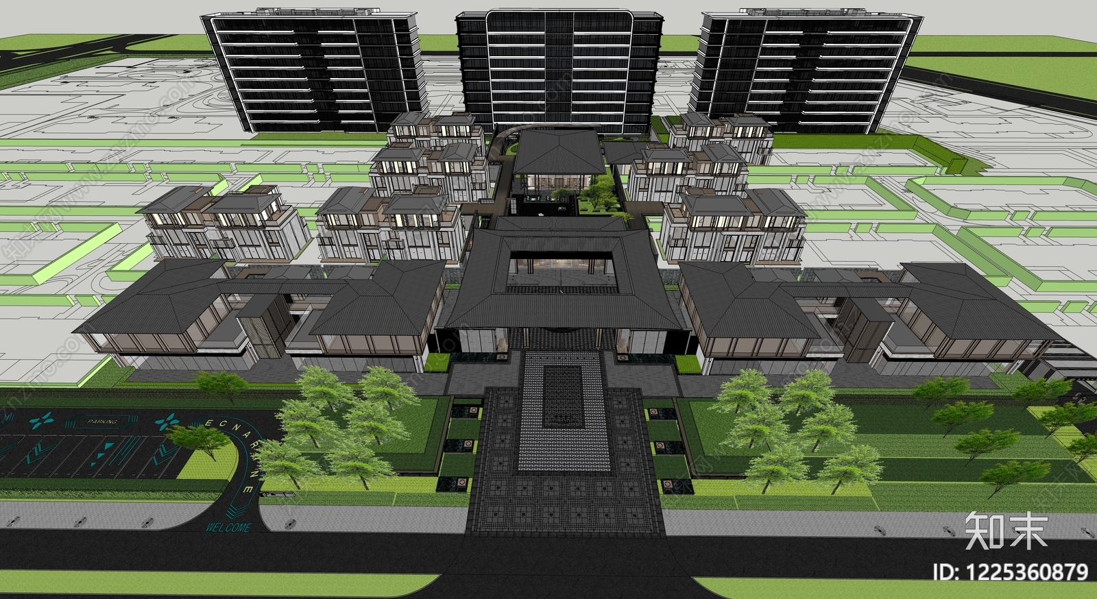 新中式小区建筑SU模型下载【ID:1225360879】