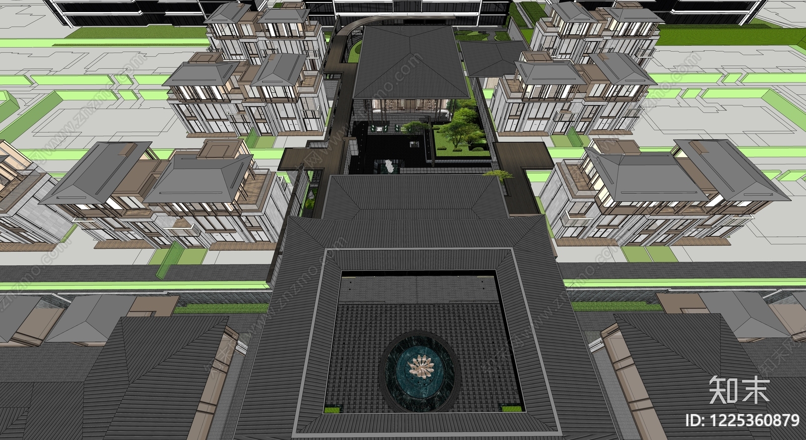 新中式小区建筑SU模型下载【ID:1225360879】