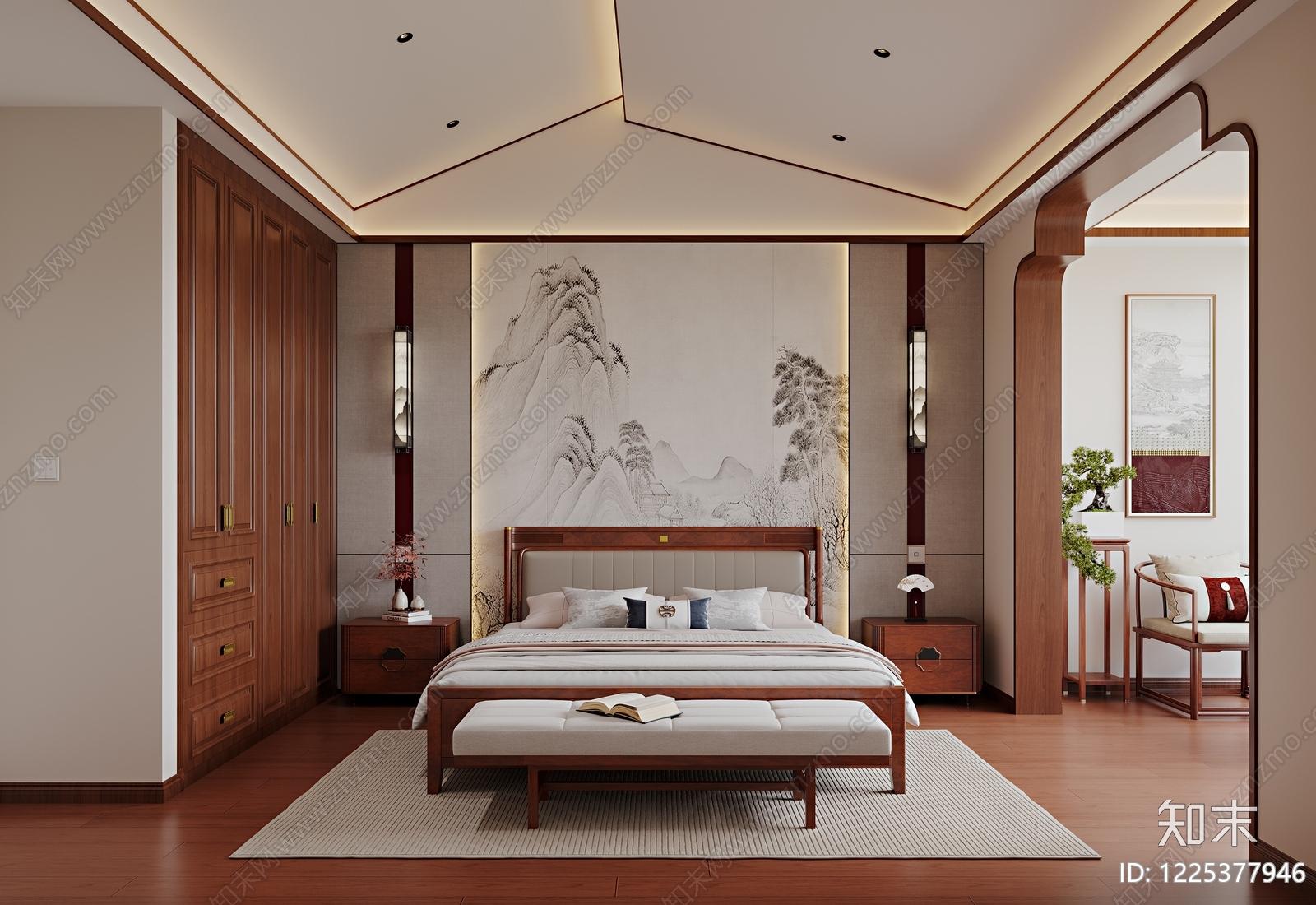 新中式主卧3D模型下载【ID:1225377946】