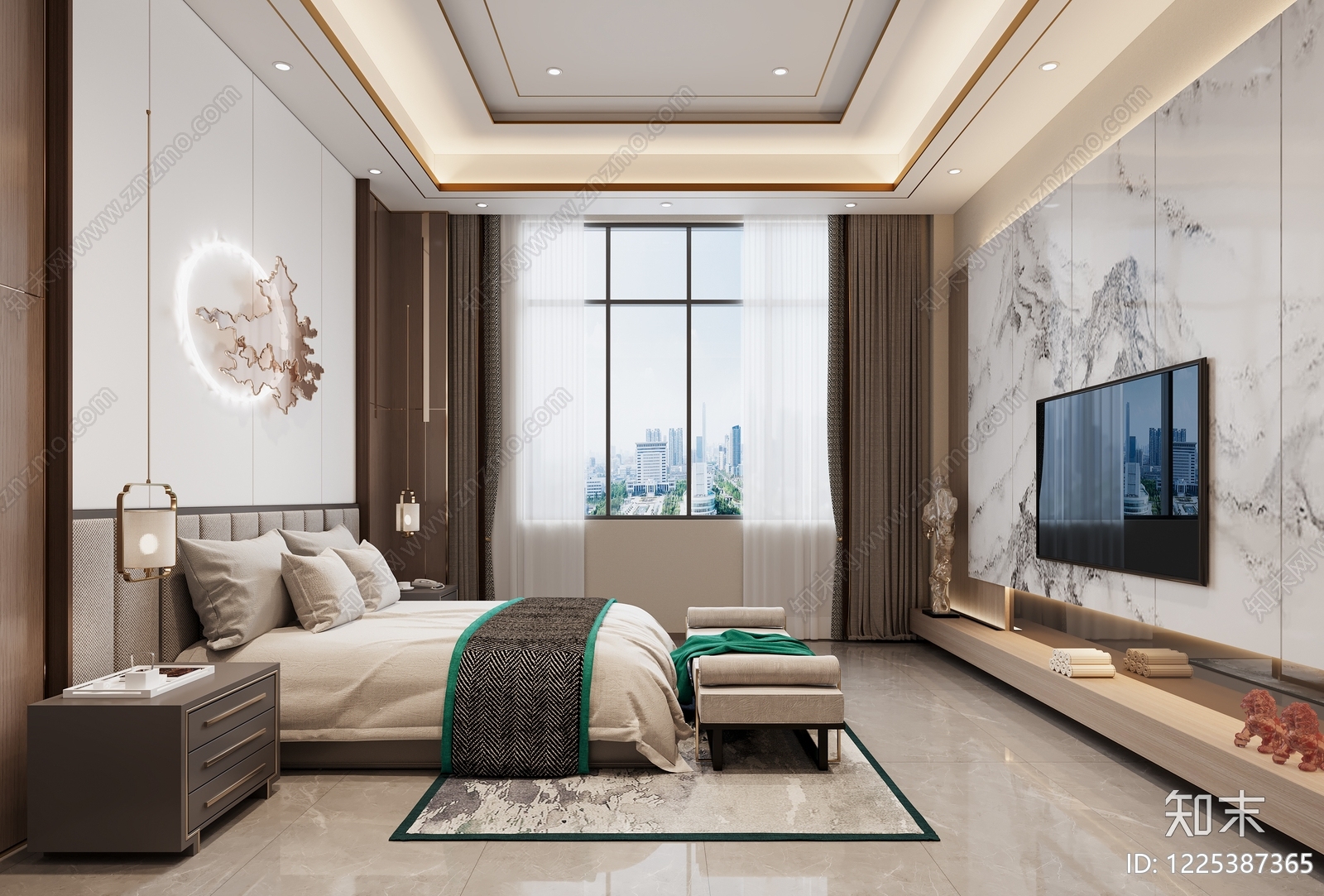 新中式酒店客房3D模型下载【ID:1225387365】