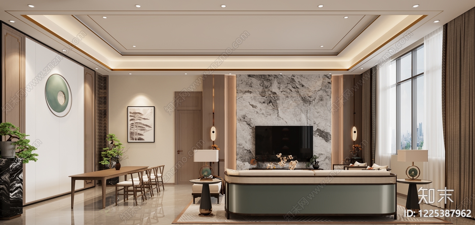新中式酒店客房3D模型下载【ID:1225387962】