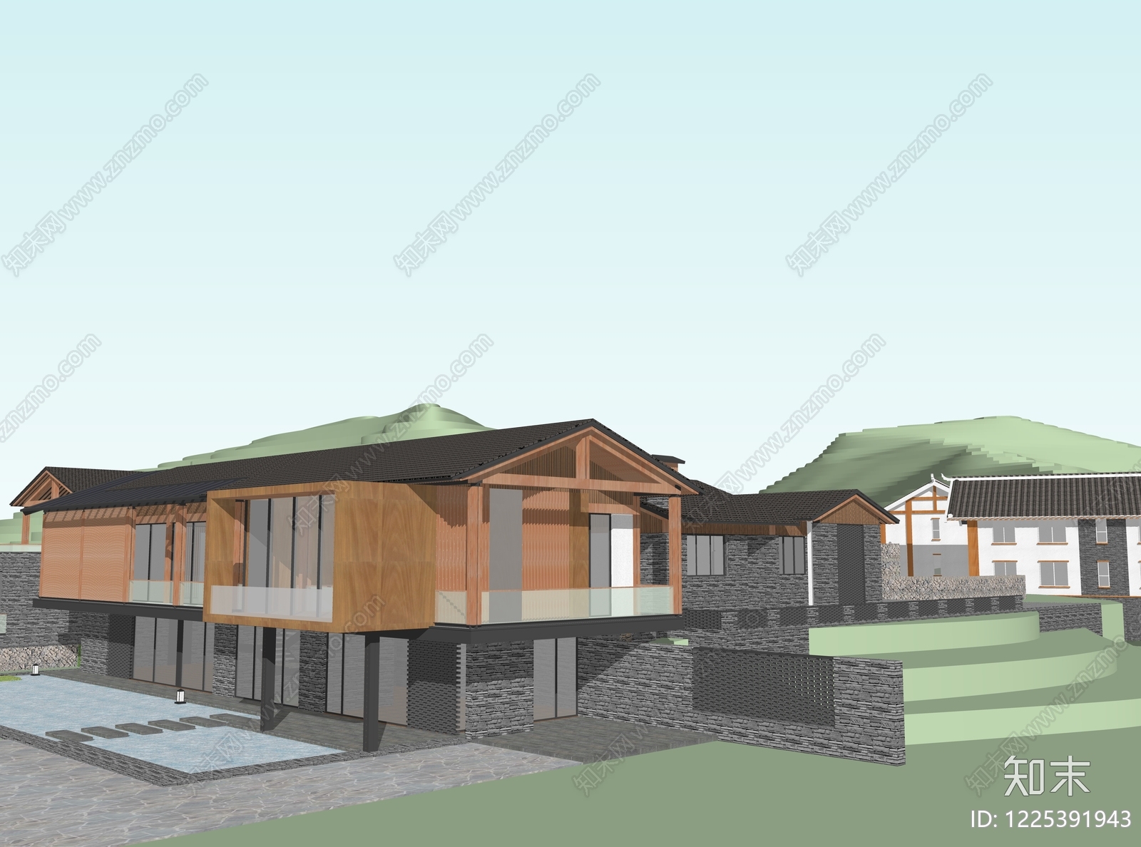 新中式民宿建筑SU模型下载【ID:1225391943】