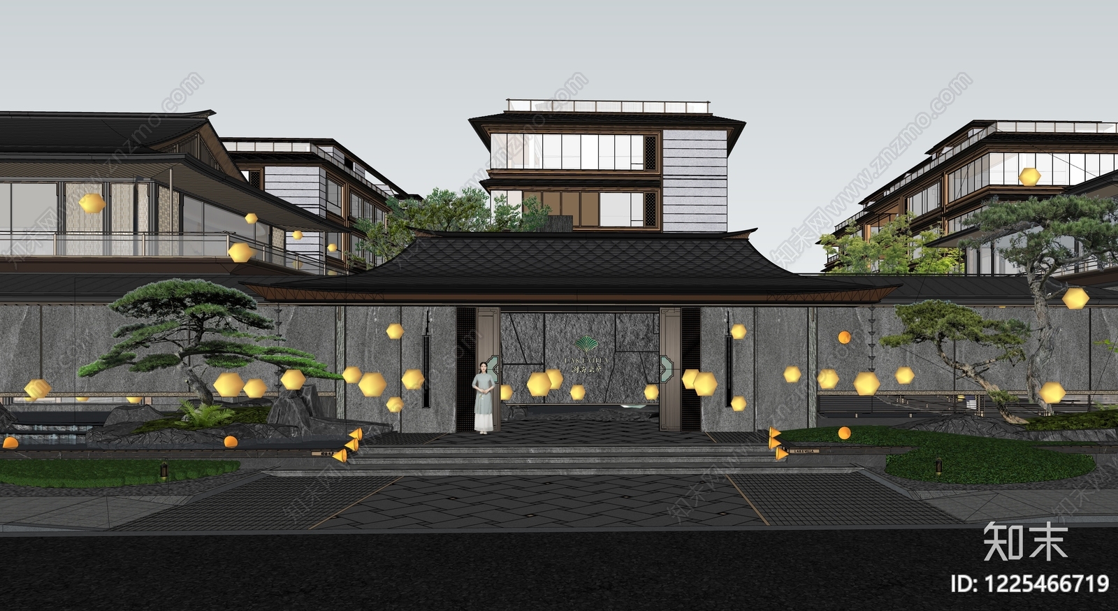 新中式小区建筑SU模型下载【ID:1225466719】