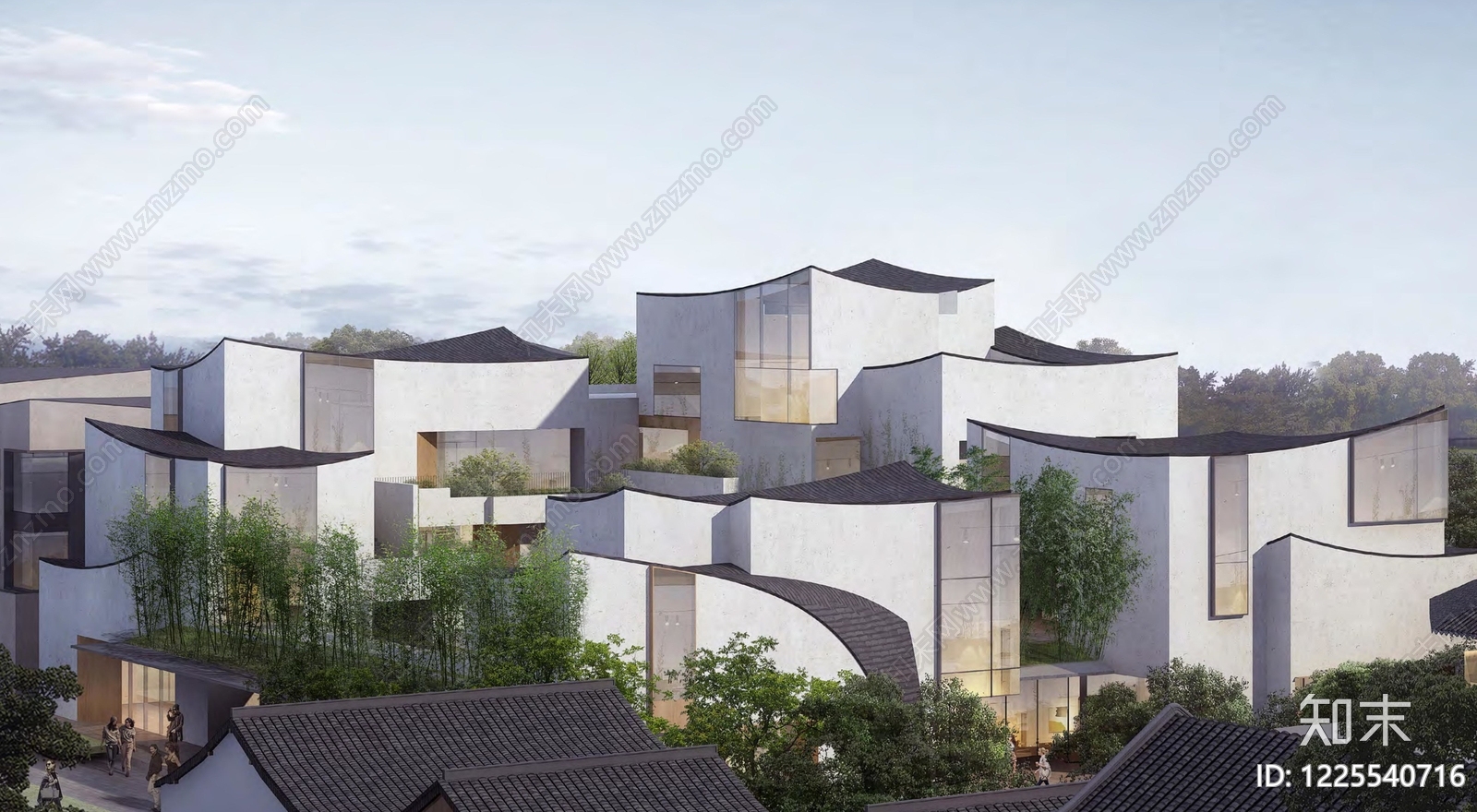 新中式风格建筑SU模型下载【ID:1225540716】