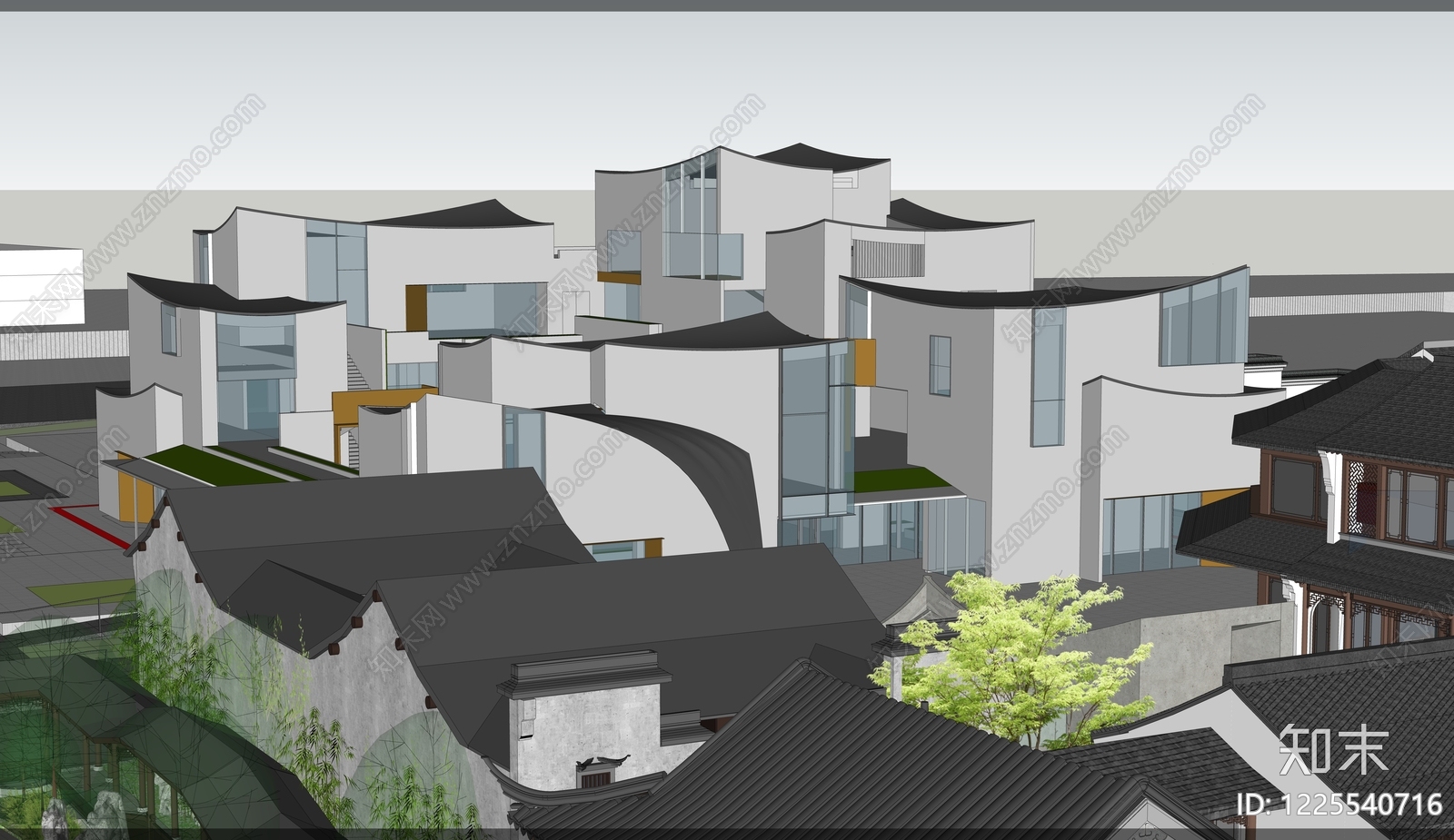 新中式风格建筑SU模型下载【ID:1225540716】