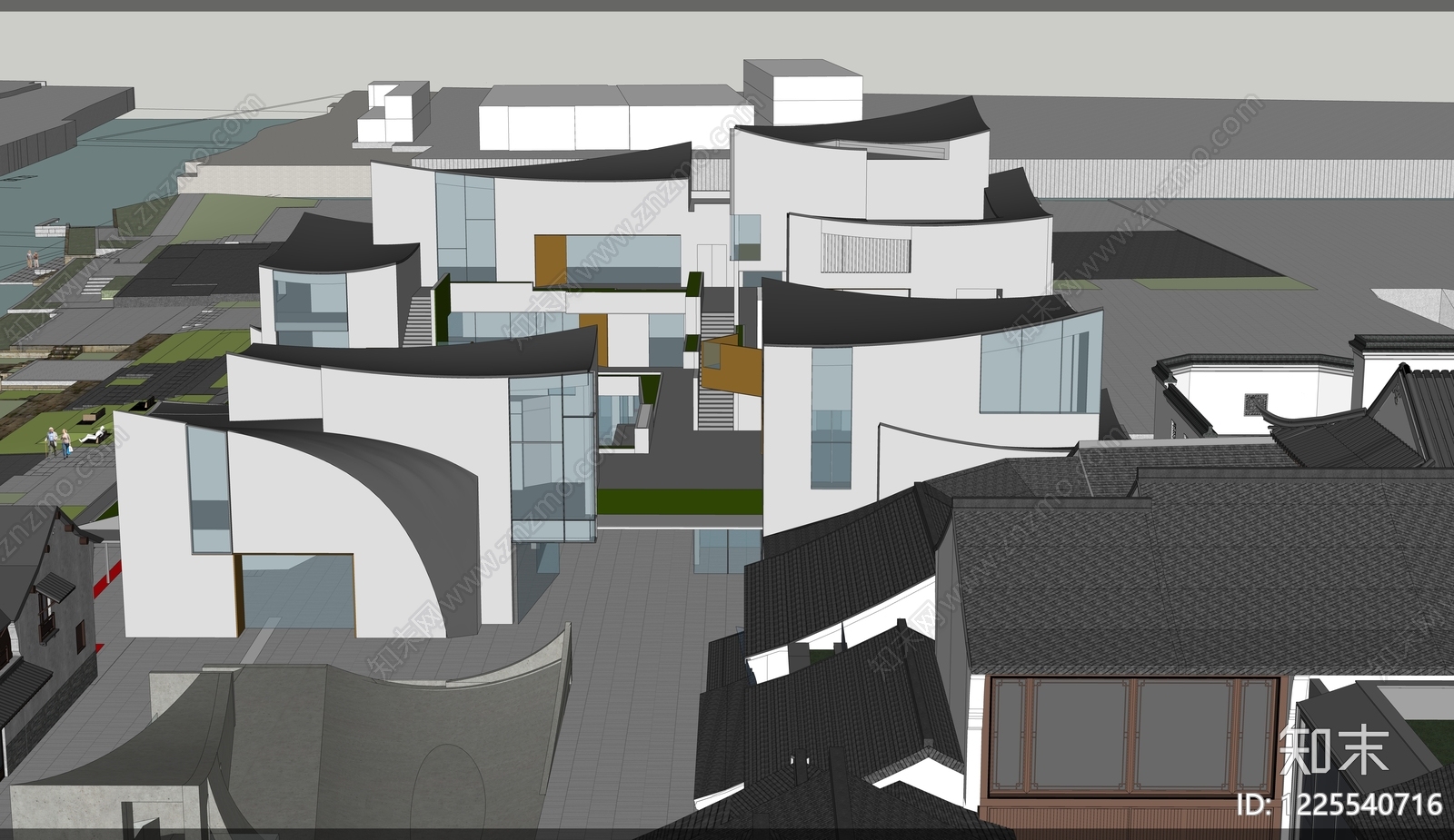 新中式风格建筑SU模型下载【ID:1225540716】