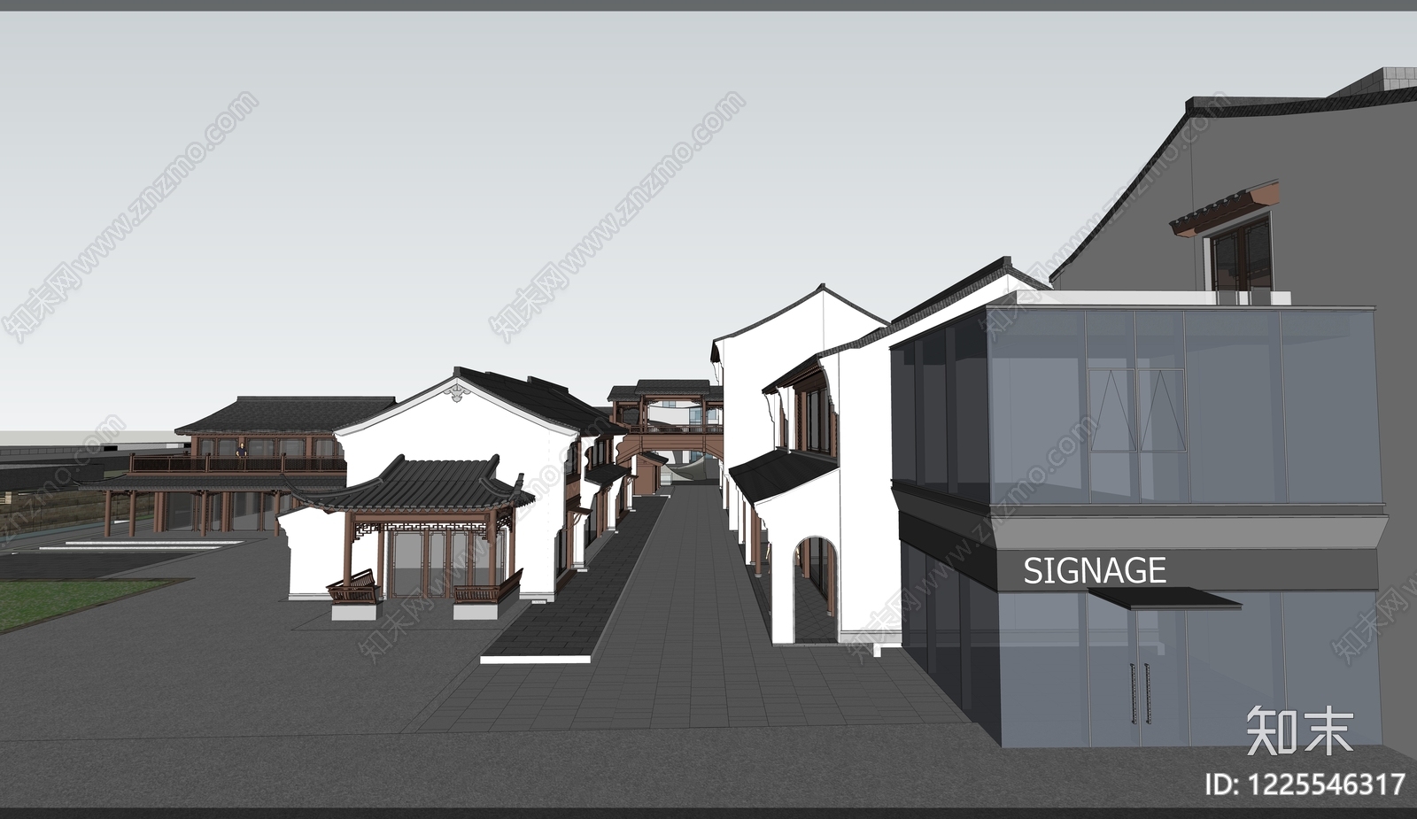 新中式商业街SU模型下载【ID:1225546317】