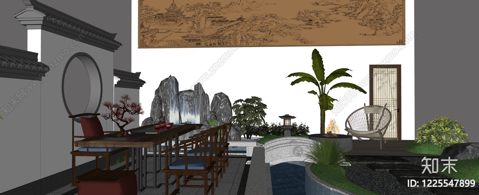 新中式室内景观SU模型下载【ID:1225547899】