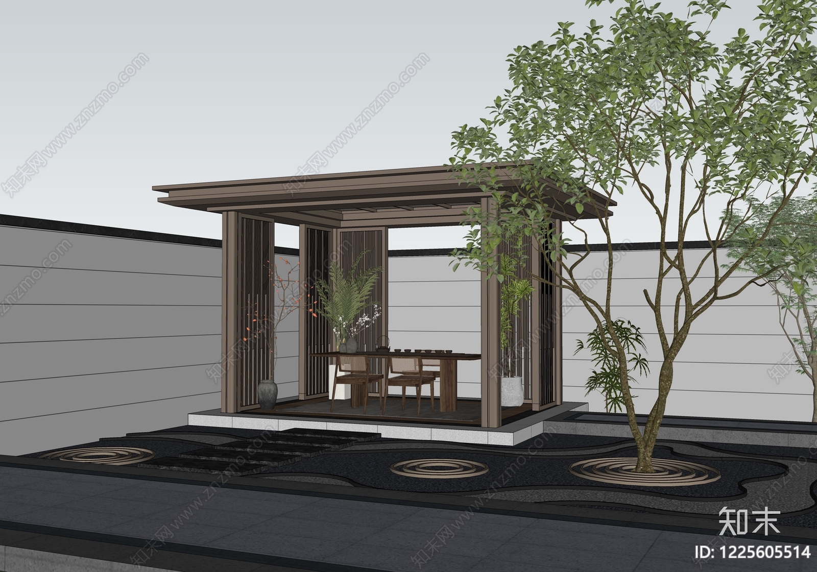 新中式别墅庭院SU模型下载【ID:1225605514】