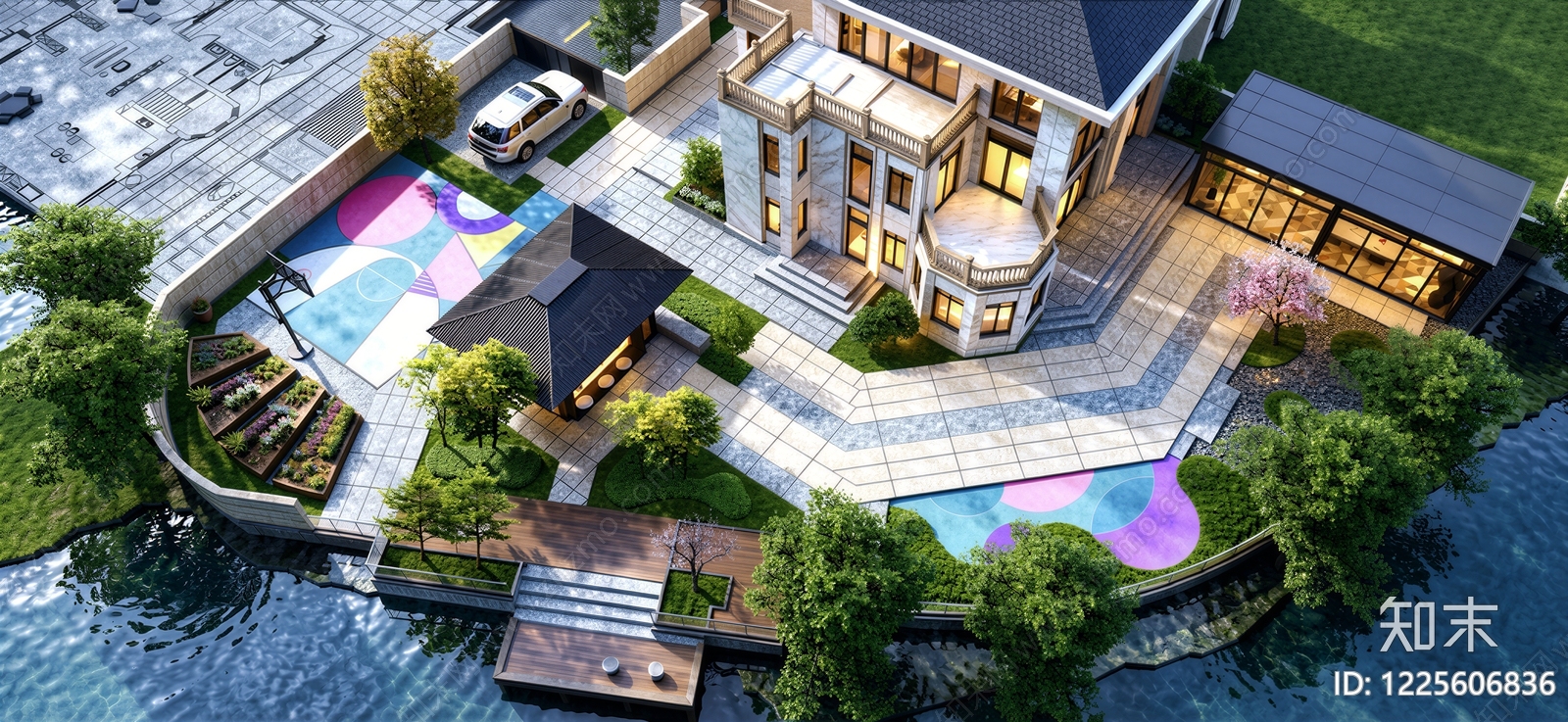 现代别墅庭院SU模型下载【ID:1225606836】