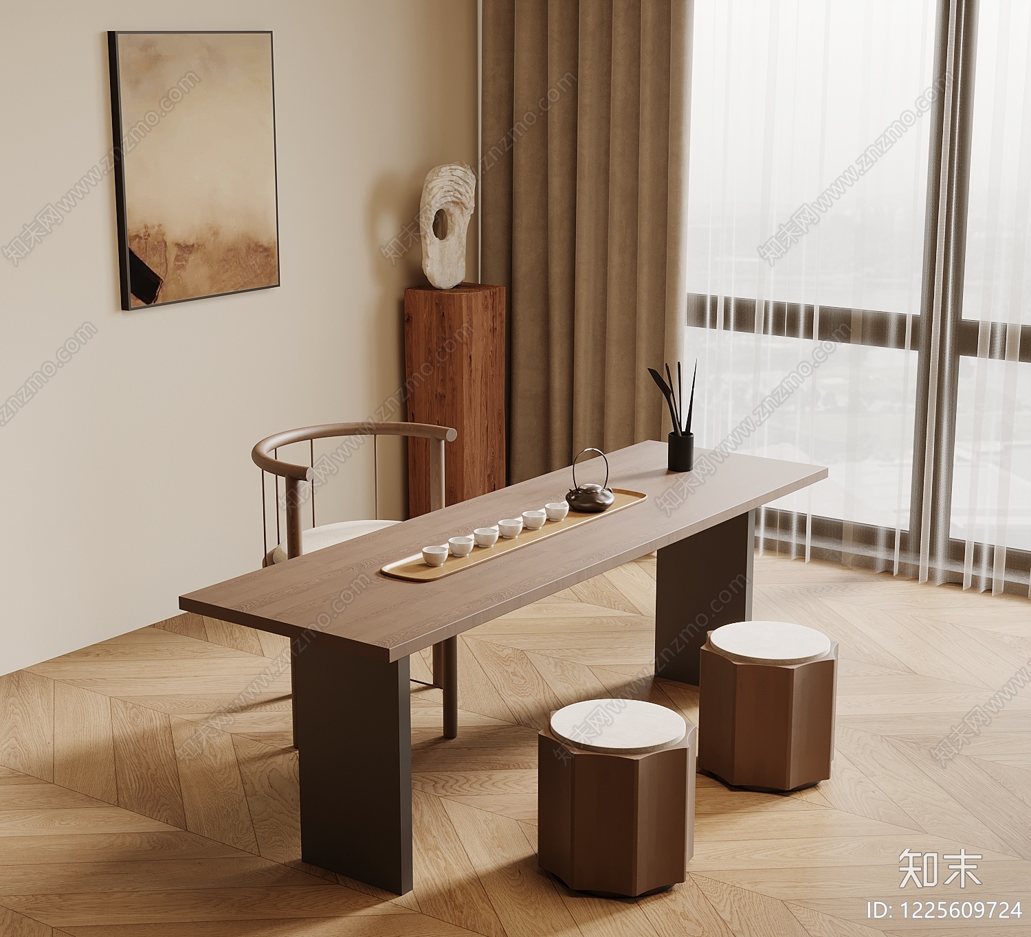 新中式茶桌椅SU模型下载【ID:1225609724】