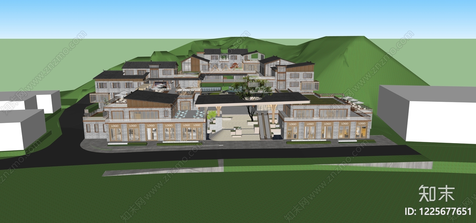 新中式民宿建筑SU模型下载【ID:1225677651】
