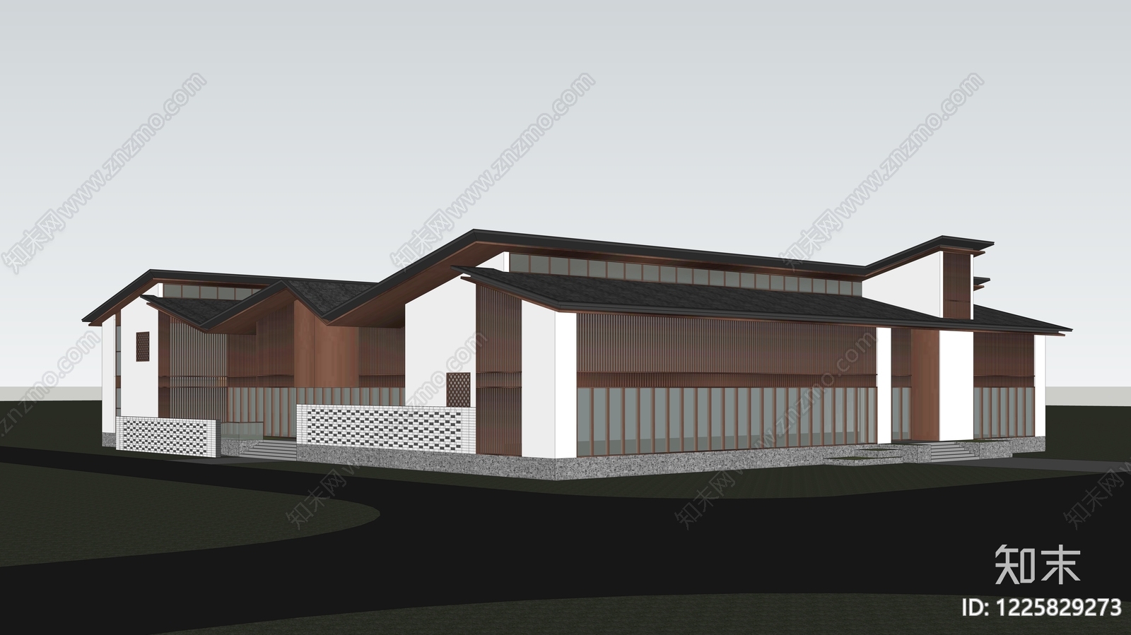 新中式民宿建筑SU模型下载【ID:1225829273】