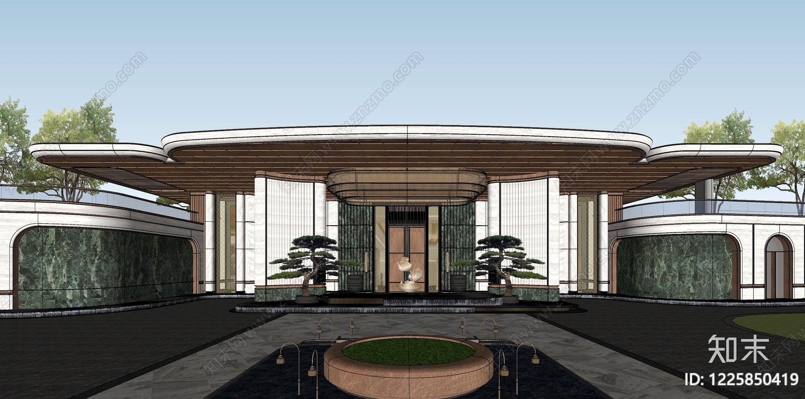 新中式售楼处建筑SU模型下载【ID:1225850419】