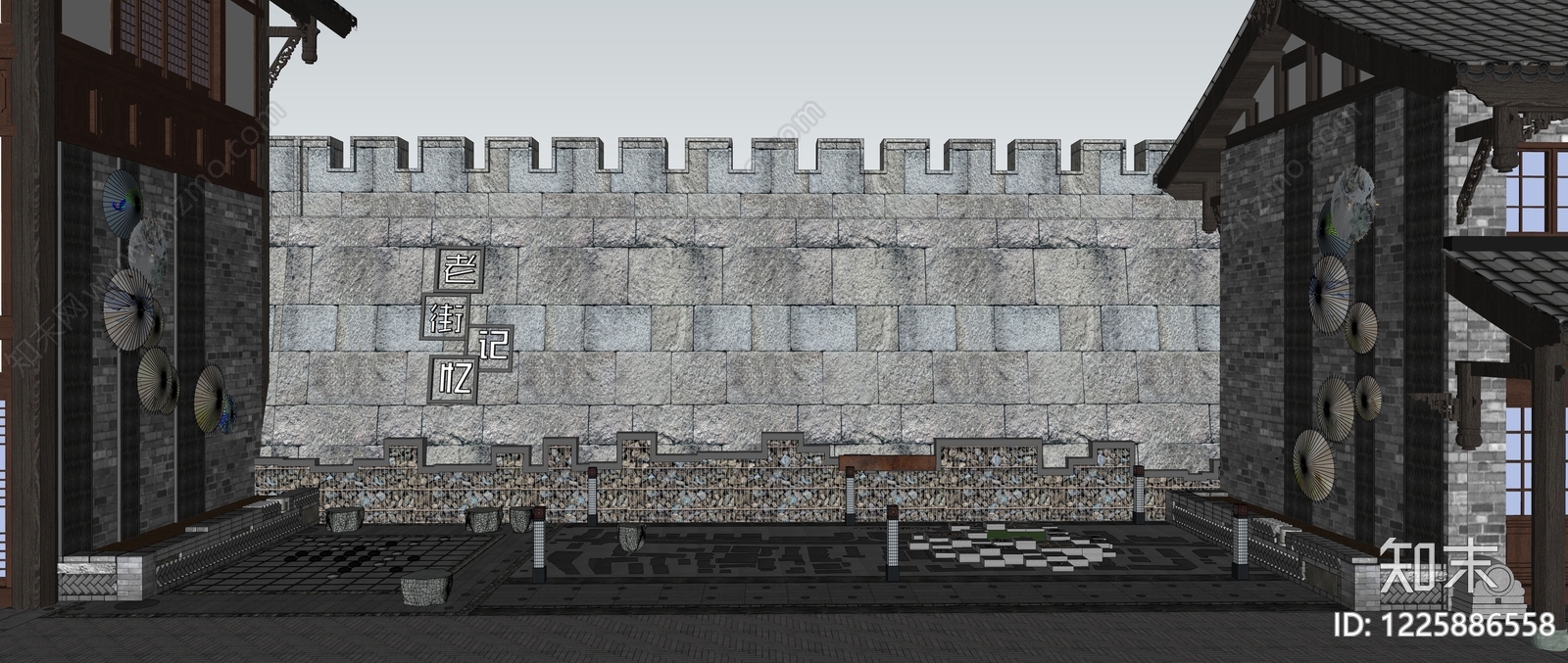 中式古建景墙SU模型下载【ID:1225886558】