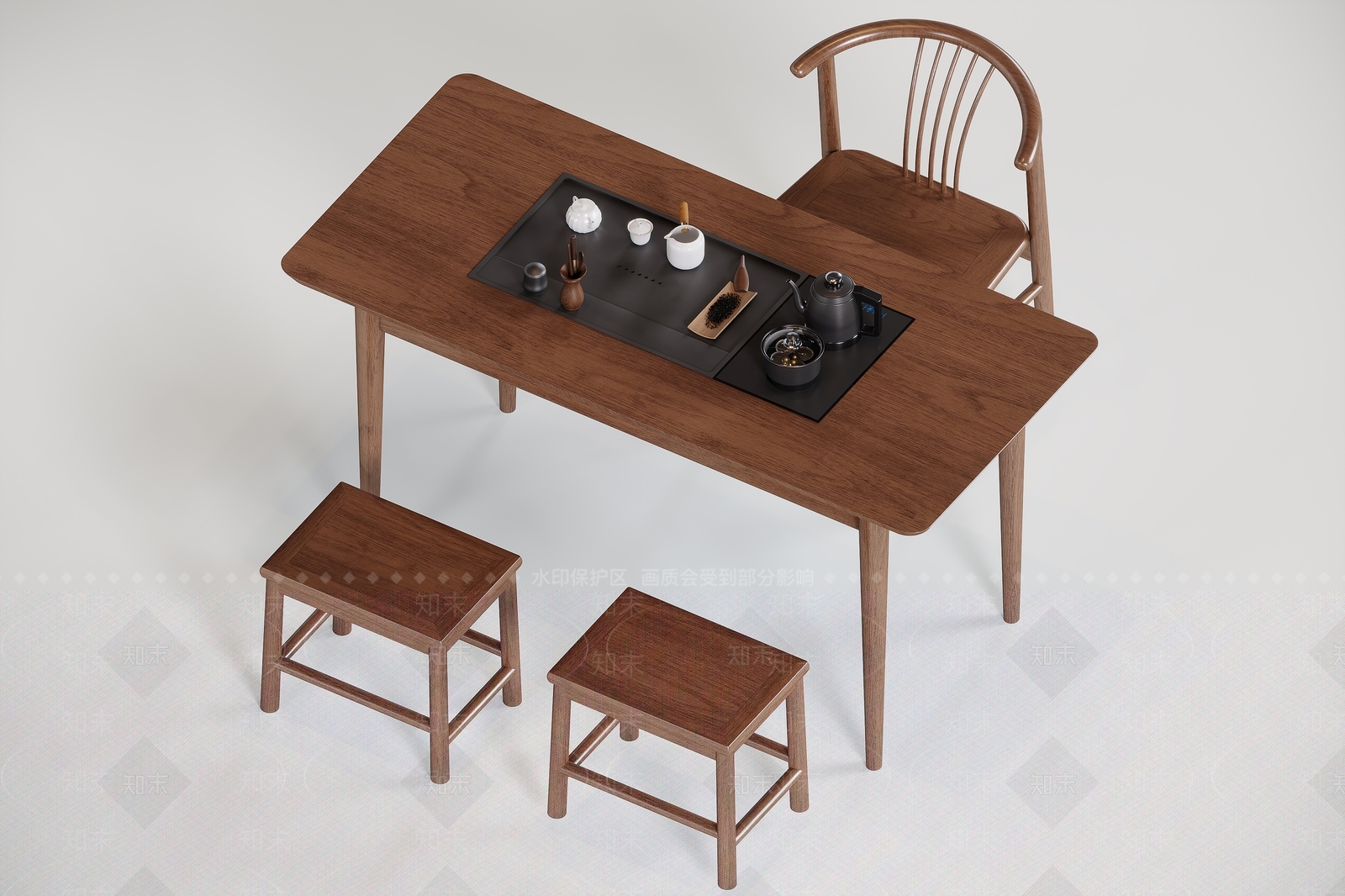 新中式茶桌椅3D模型渲染效果图