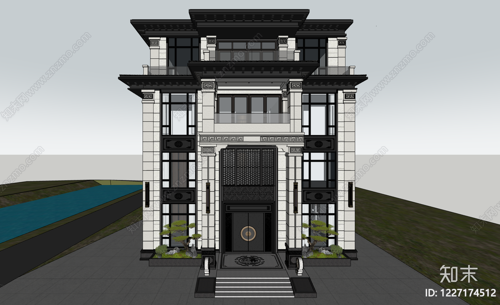 新中式独栋别墅SU模型下载【ID:1227174512】