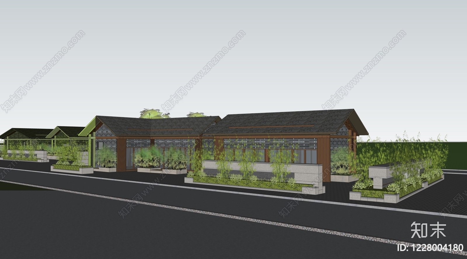 新中式民宿建筑SU模型下载【ID:1228004180】