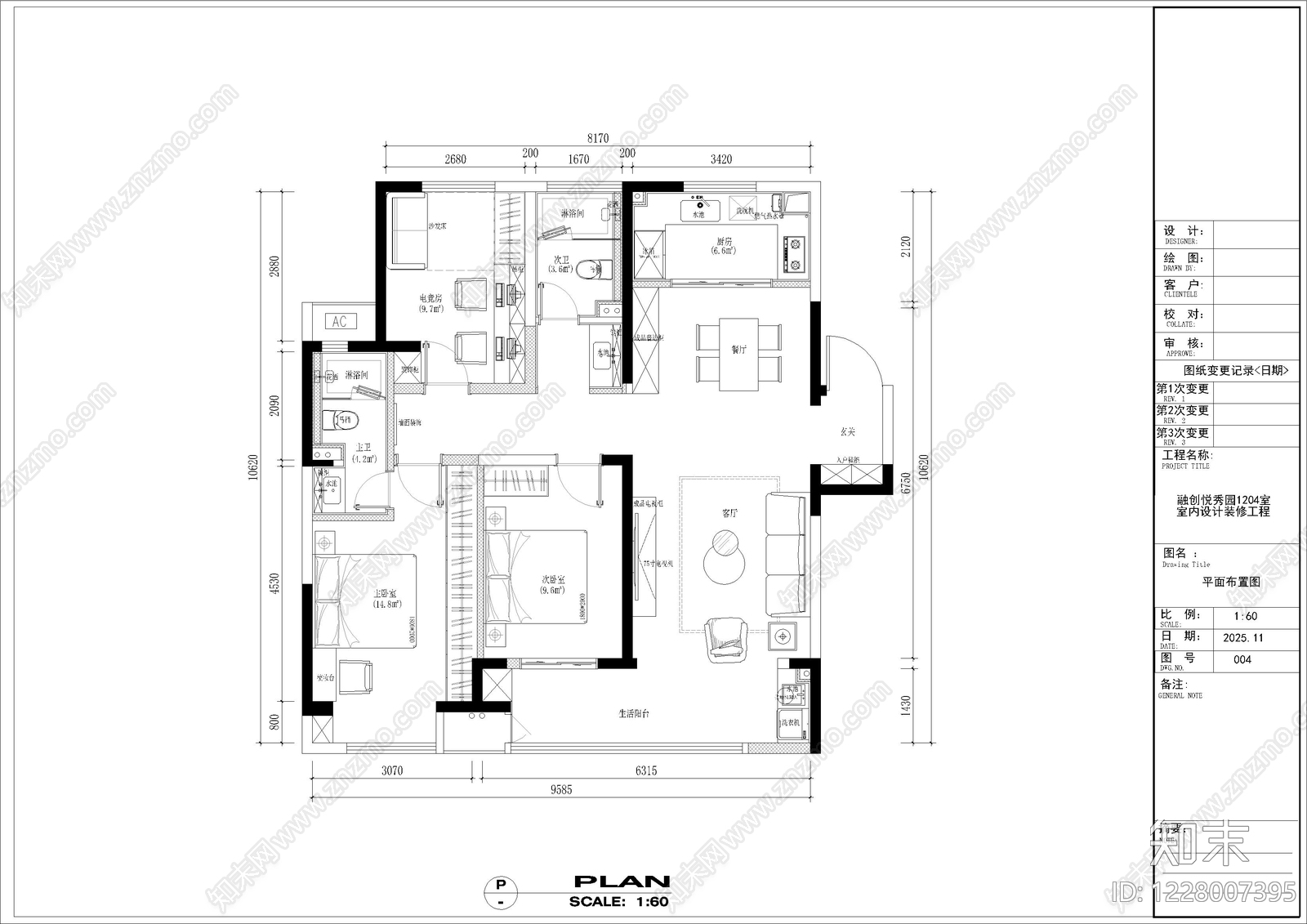小户型平层cad施工图下载【ID:1228007395】