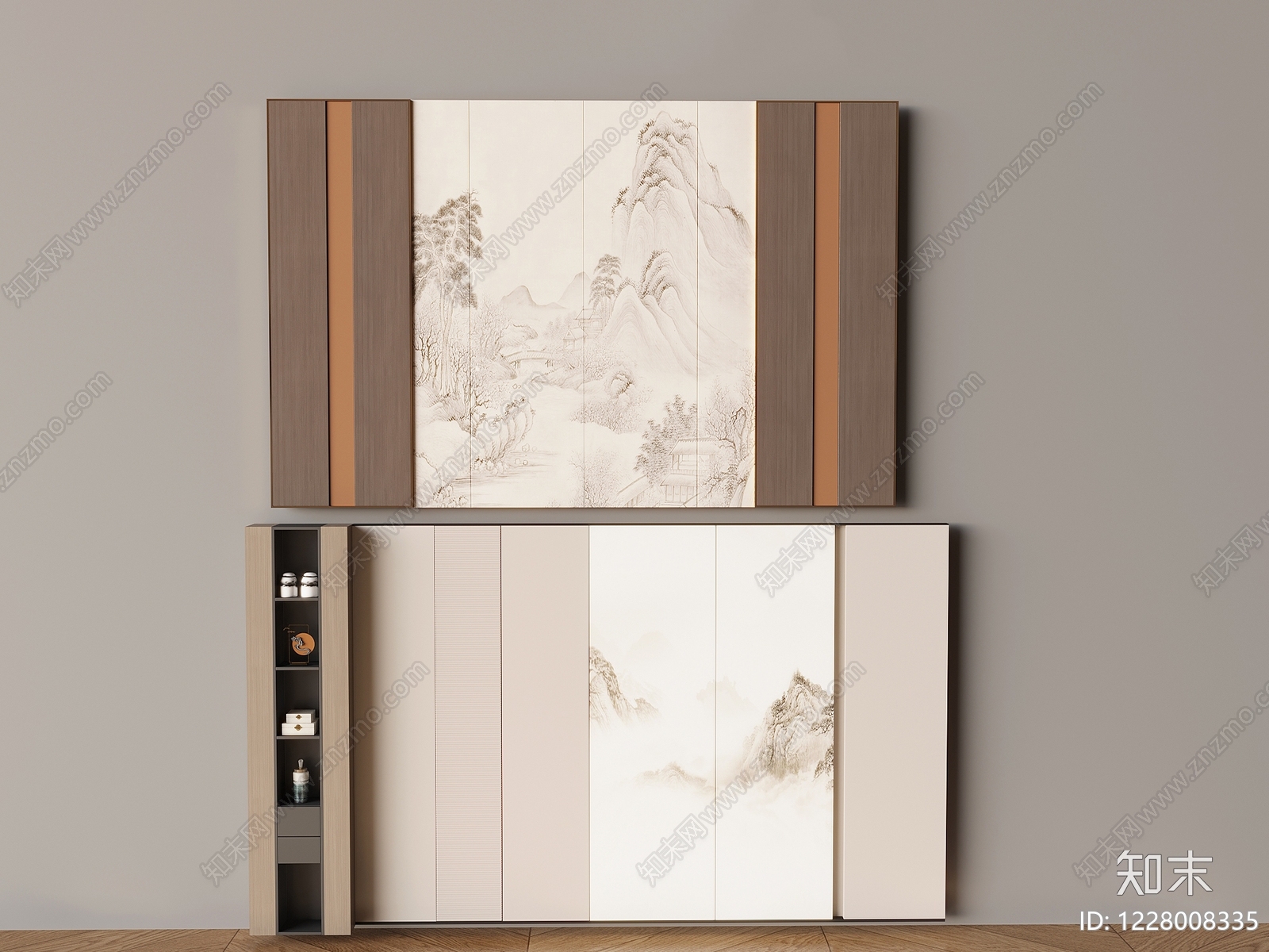 新中式背景墙SU模型下载【ID:1228008335】