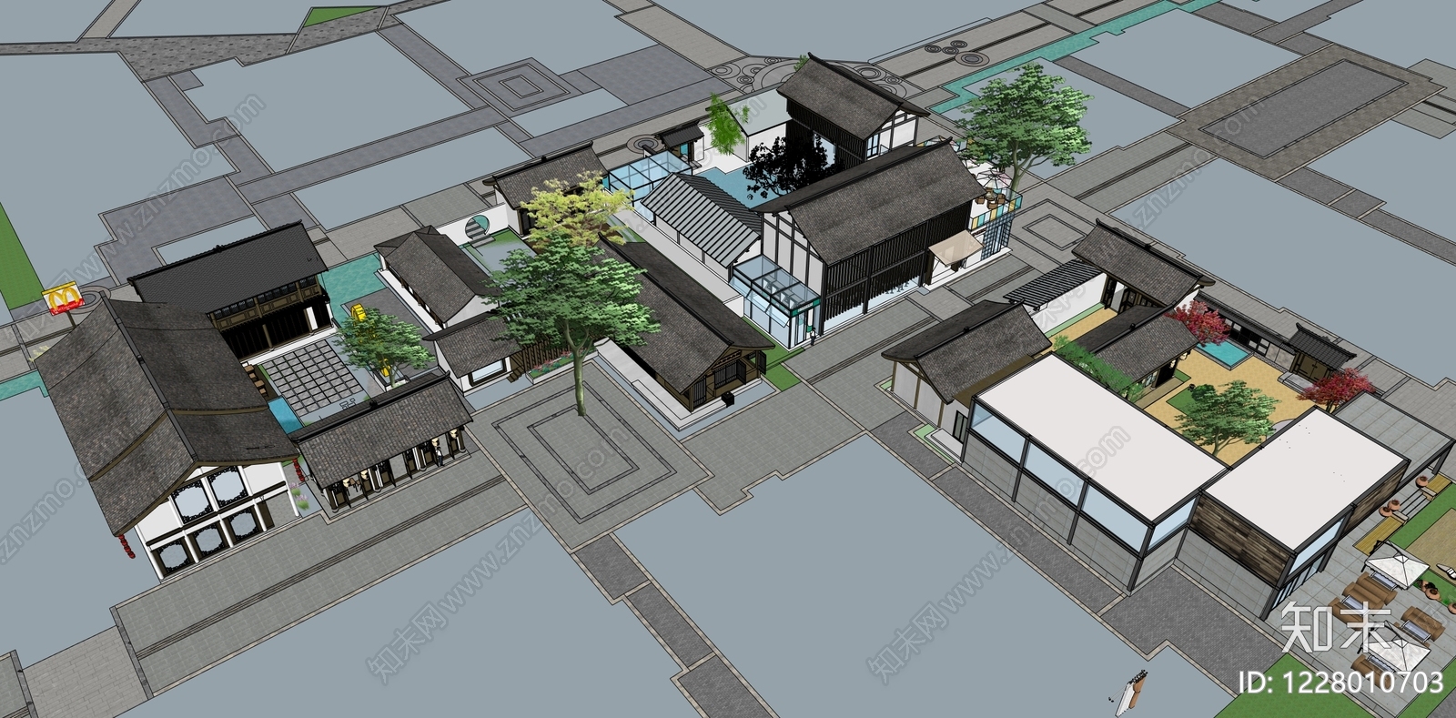 新中式商业街SU模型下载【ID:1228010703】